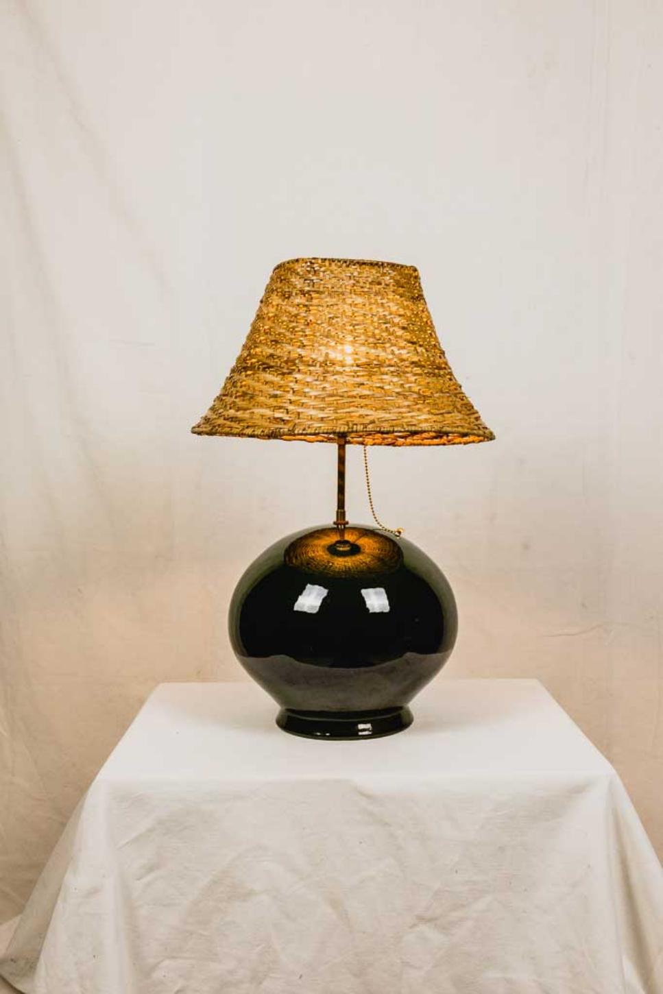 Organic Modern Modern Handmade Ceramic Table Side Lamp and Brass, Olive Green with Signature For Sale
