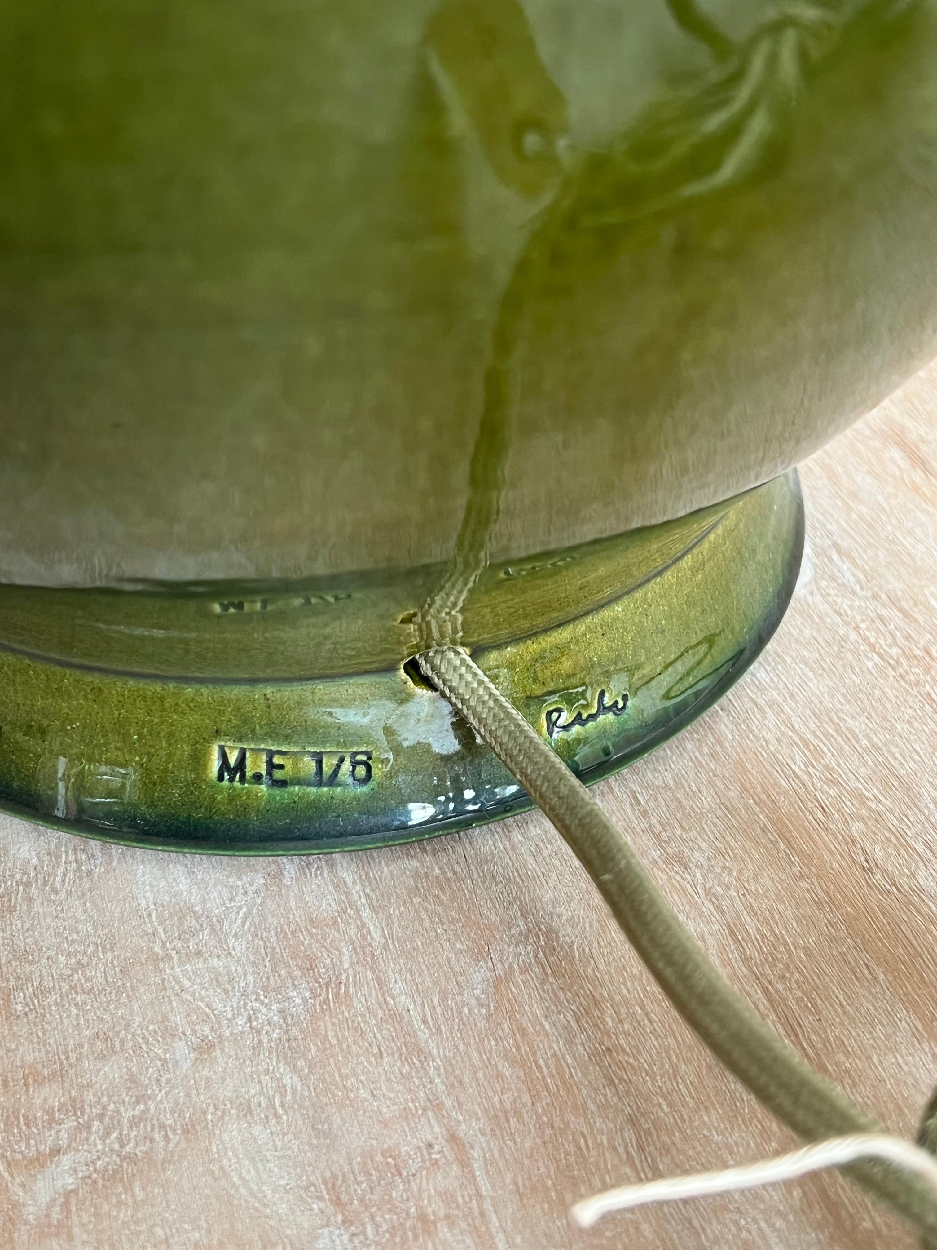 Contemporary Modern Handmade Ceramic Table Side Lamp and Brass, Olive Green with Signature For Sale