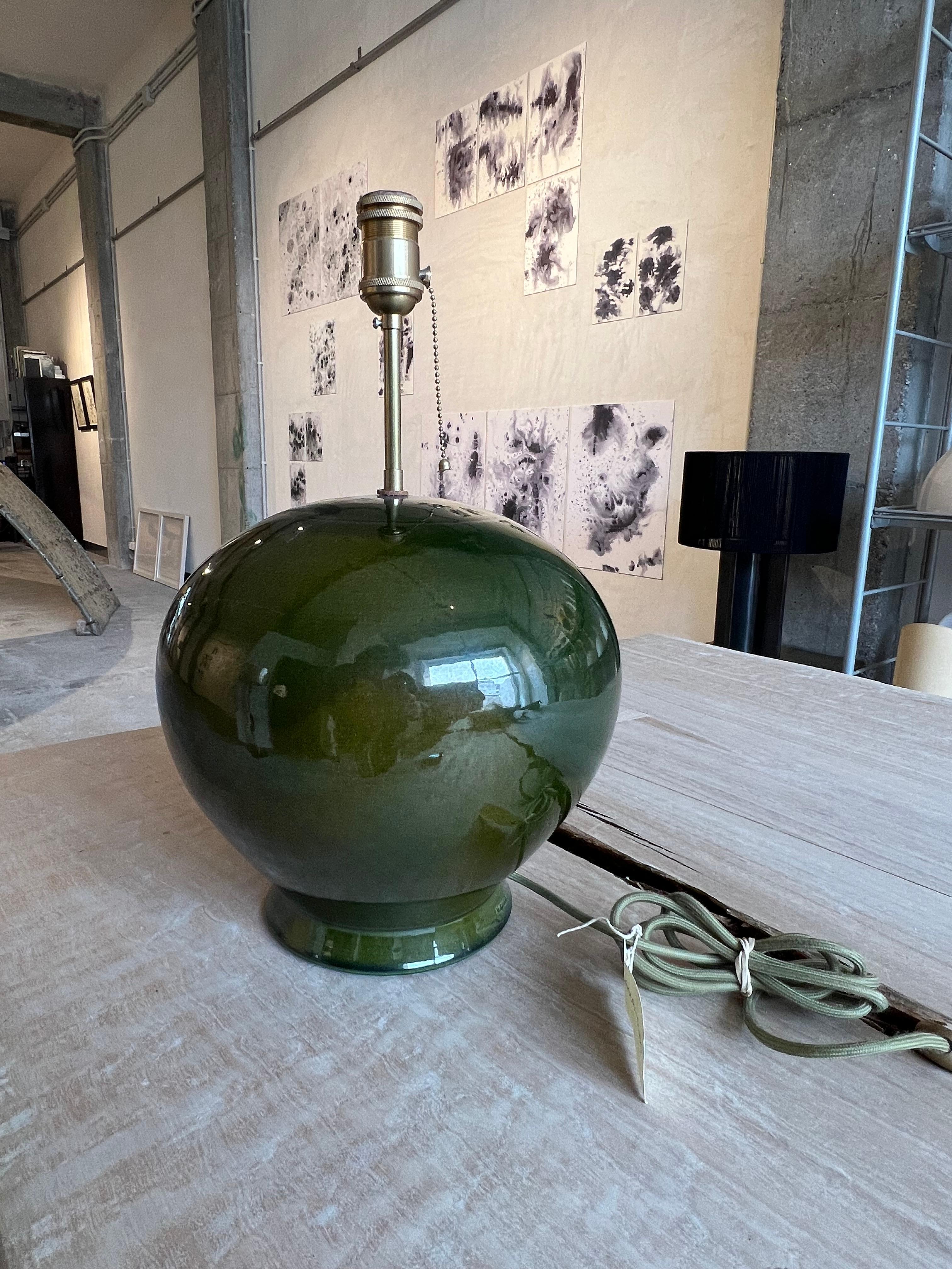 Modern Handmade Ceramic Table Side Lamp and Brass, Olive Green with Signature For Sale 1