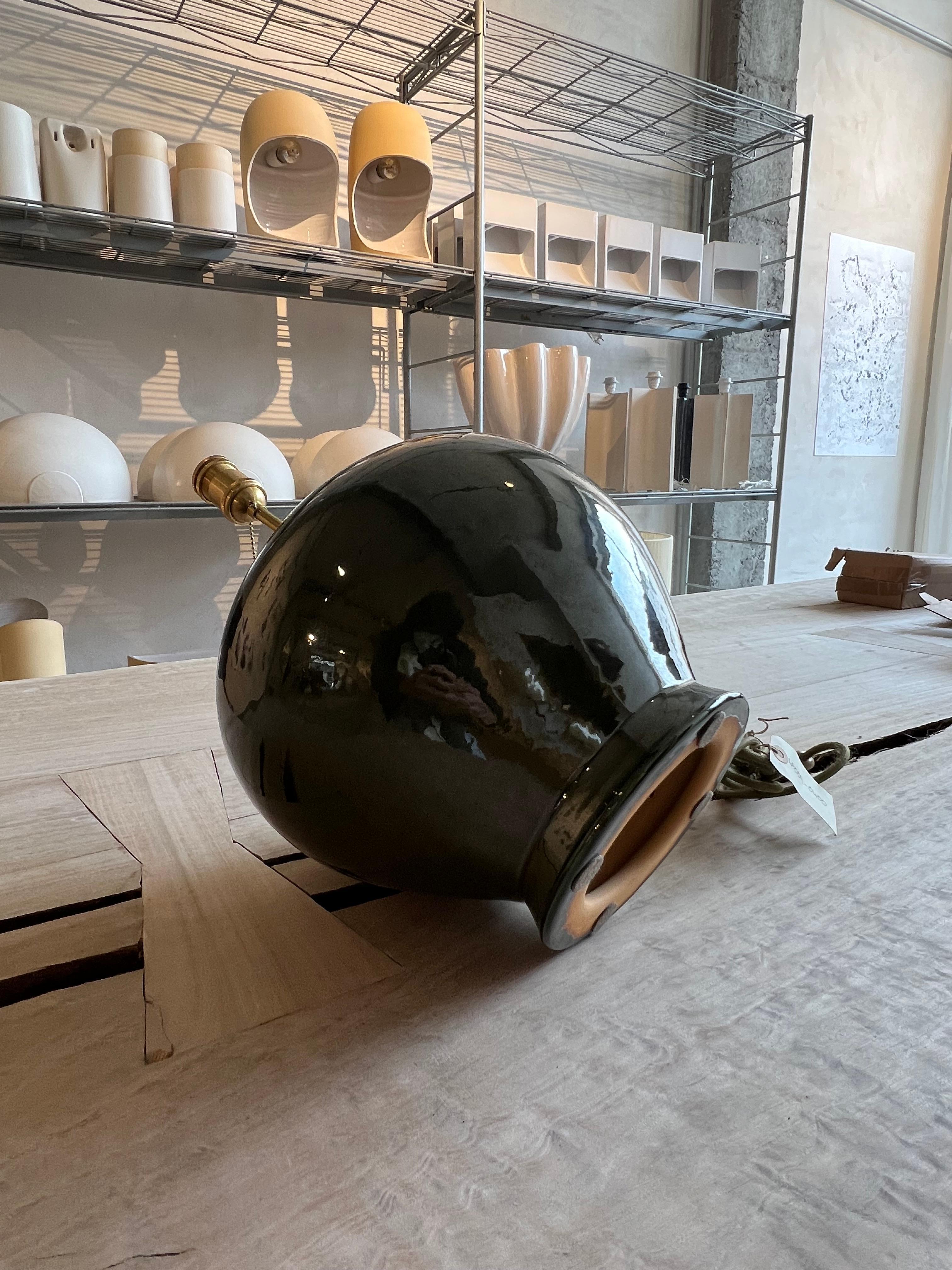Modern Handmade Ceramic Table Side Lamp and Brass, Olive Green with Signature For Sale 2