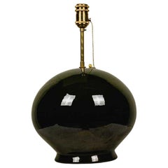 Modern Handmade Ceramic Table Side Lamp and Brass, Olive Green with Signature
