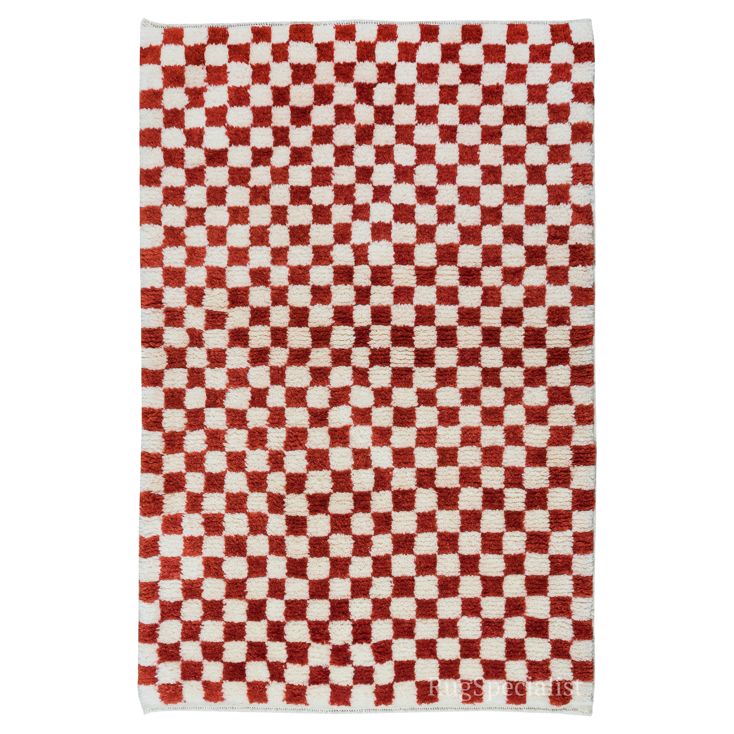 Tappeto Tulu moderno fatto a mano con design a scacchi in rosso e avorio. Tutta lana morbida e accogliente