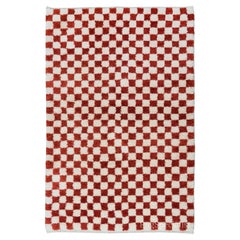 Tappeto Tulu moderno fatto a mano con design a scacchi in rosso e avorio. Tutta lana morbida e accogliente