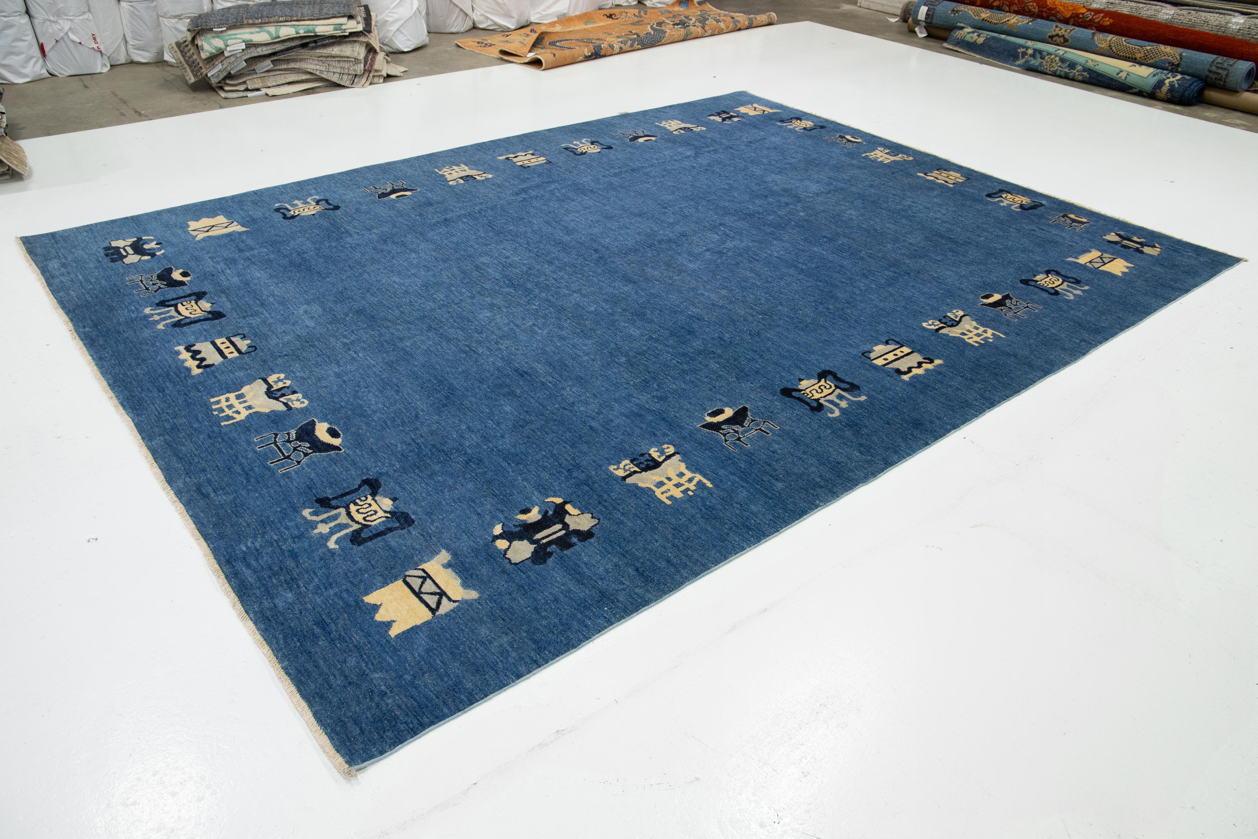 Afghan Tapis moderne en laine de style chinois fait à la main en bleu en vente