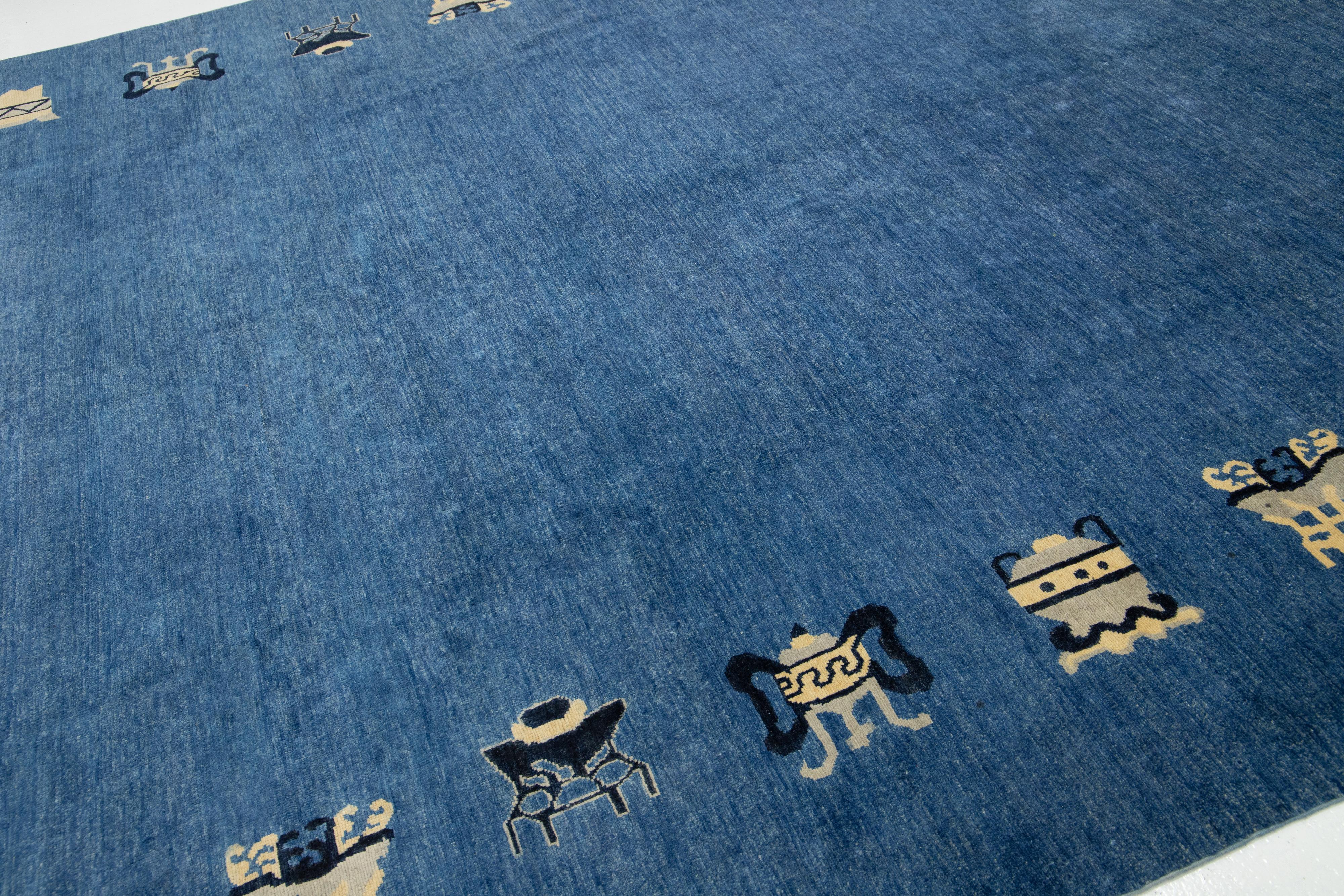 Noué à la main Tapis moderne en laine de style chinois fait à la main en bleu en vente