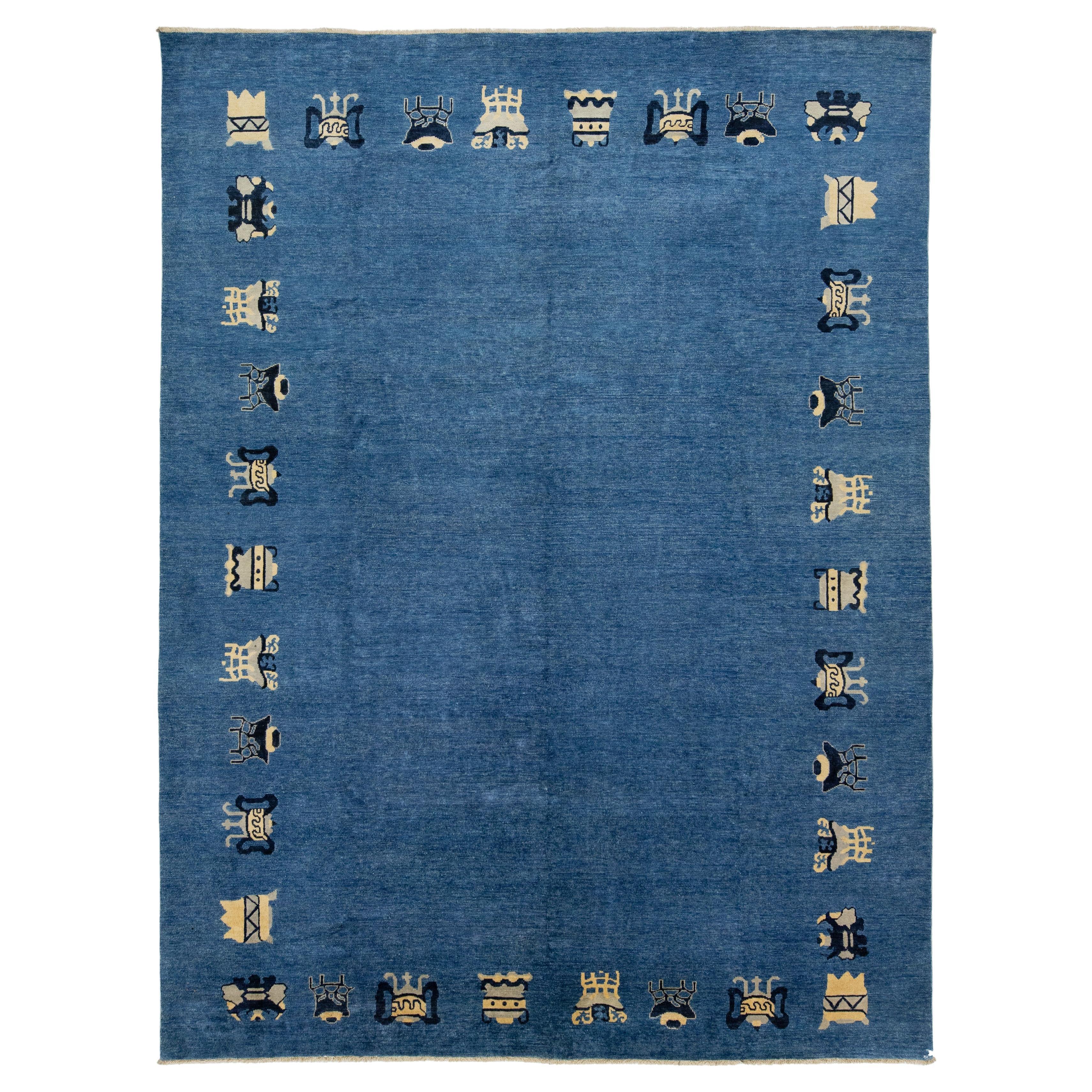 Modern Handmade Chinese Style Wool Rug In Blue