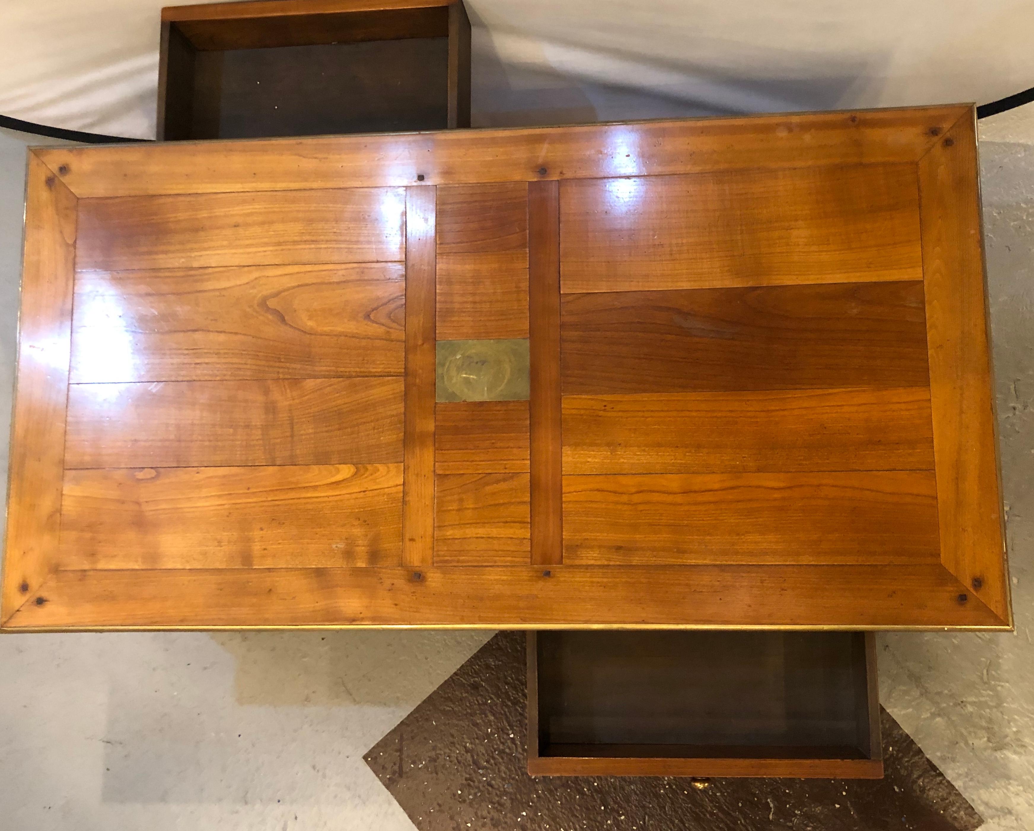 Custom handmade coffee table, dowel construction opposing drawers. This rustic bronze mounted coffee or low table is all hand doweled and has double drawers opening on each end of the table.
  