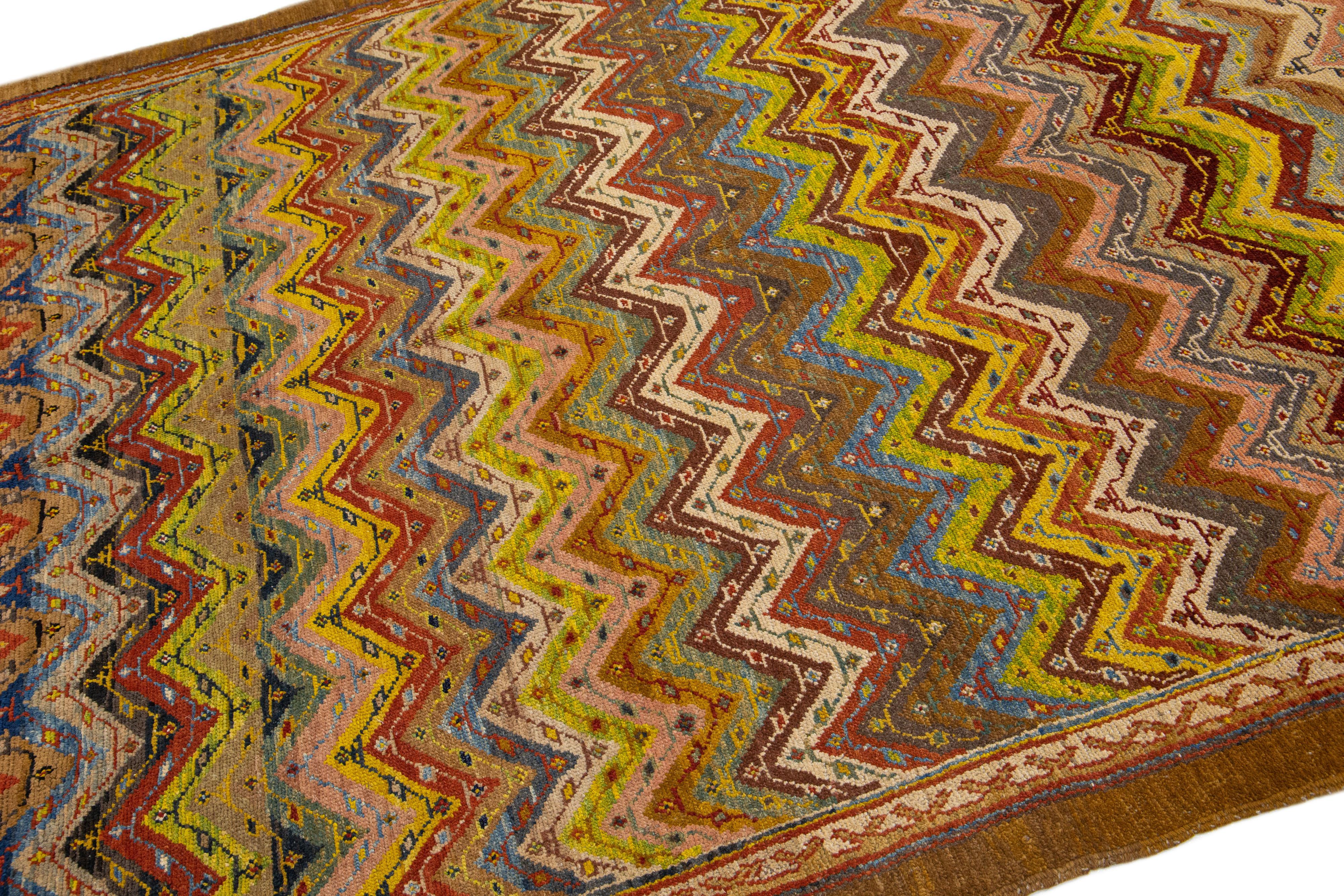 Regency Revival Modern Handmade Deco Wool Rug with Multicolor Design For Sale
