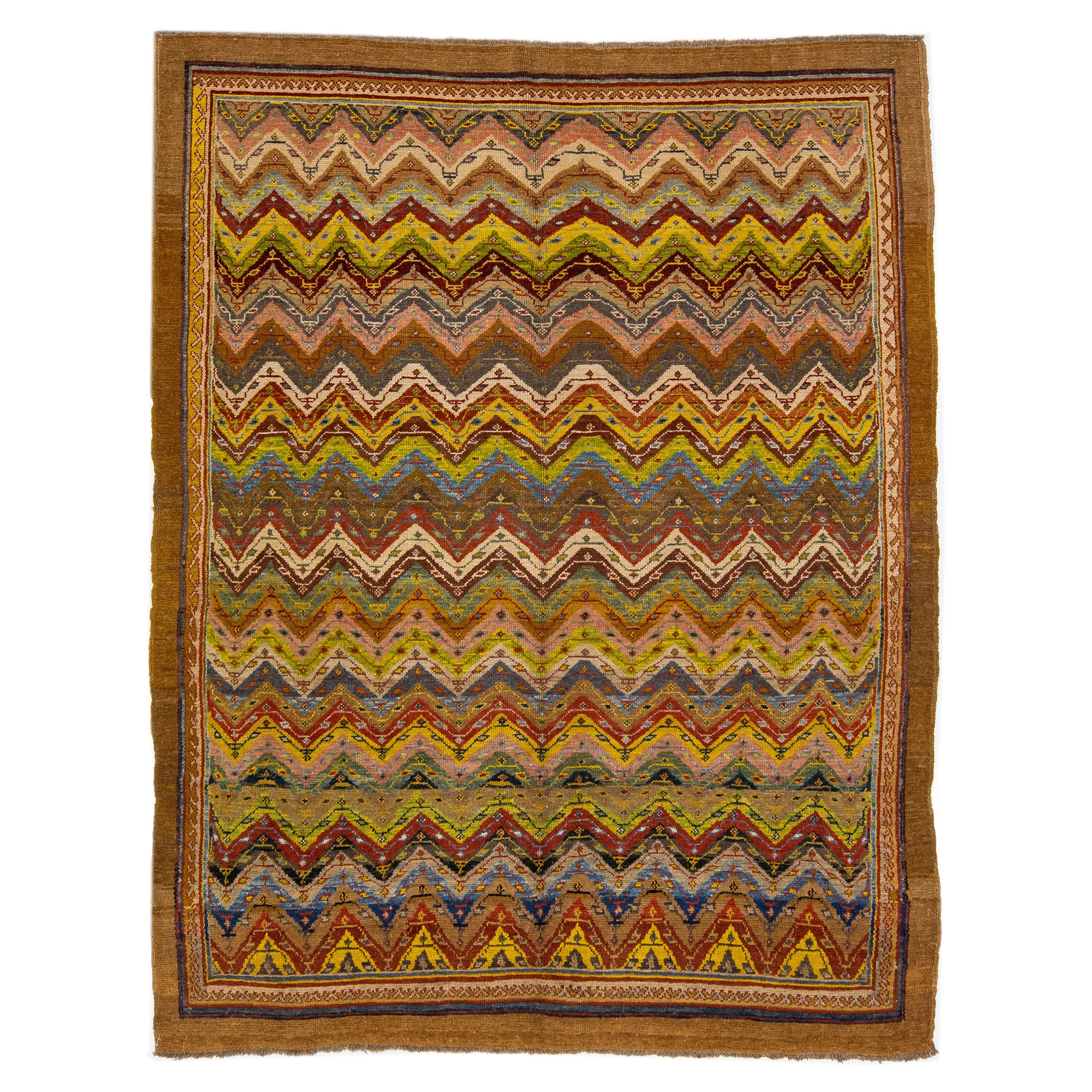 Tappeto moderno in lana Deco fatto a mano con design multicolore in vendita