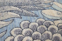 Modern Handmade Floral Custom Blue Wool and Silk Rug