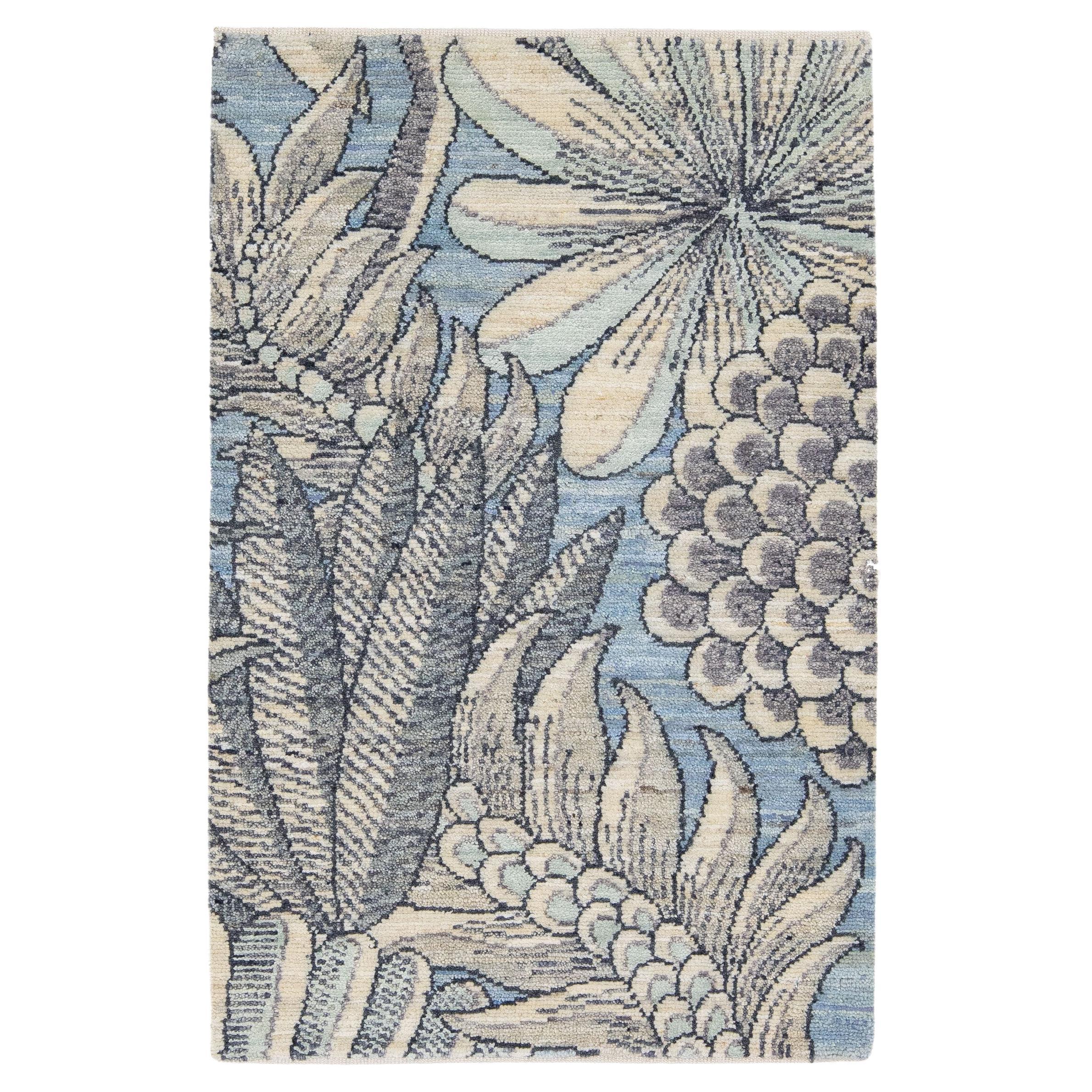 Modern Handmade Floral Custom Blue Wool and Silk Rug