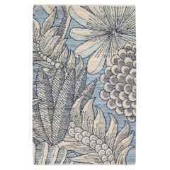 Modern Handmade Floral Custom Blue Wool and Silk Rug