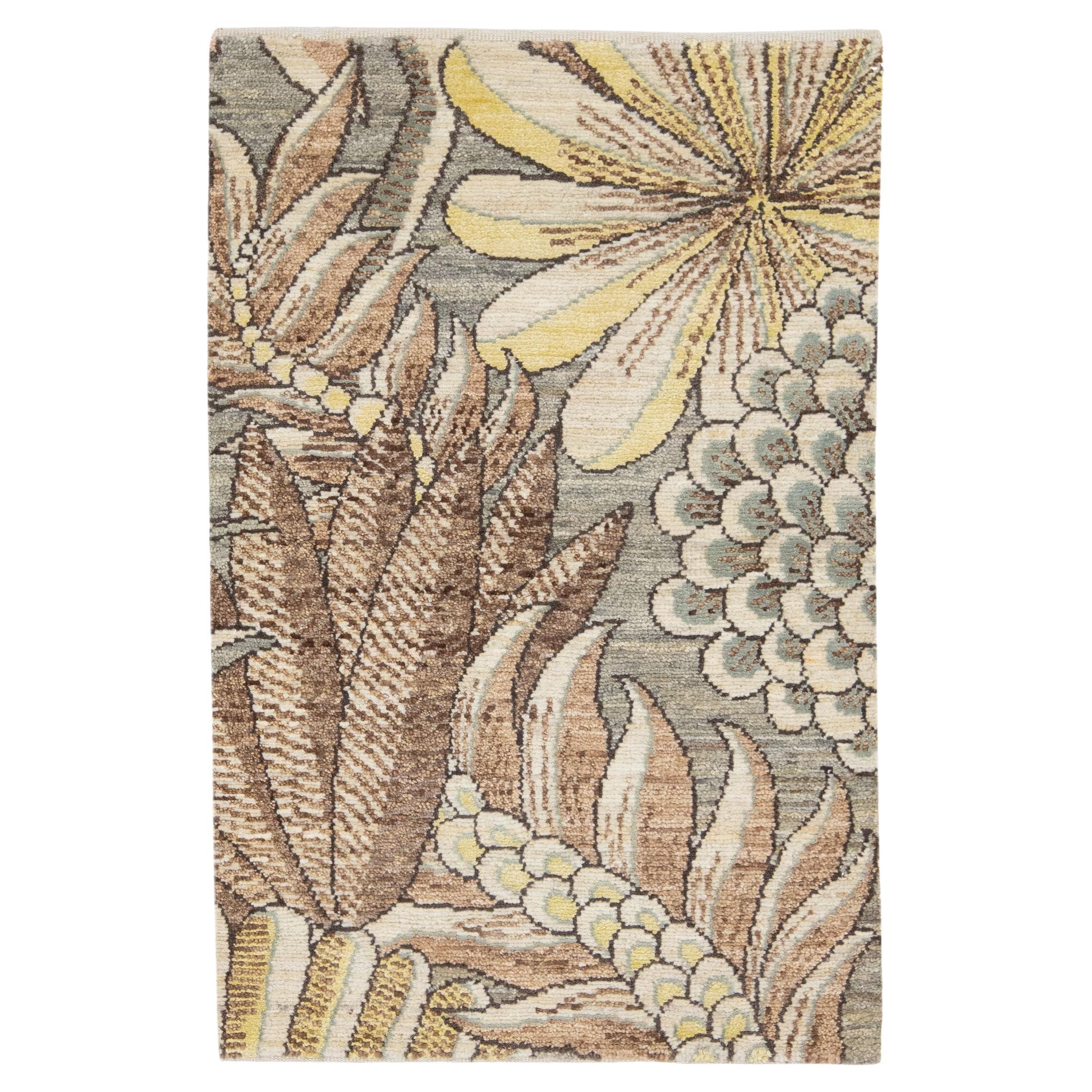 Modern Handmade Floral Custom Multicolor Wool Rug