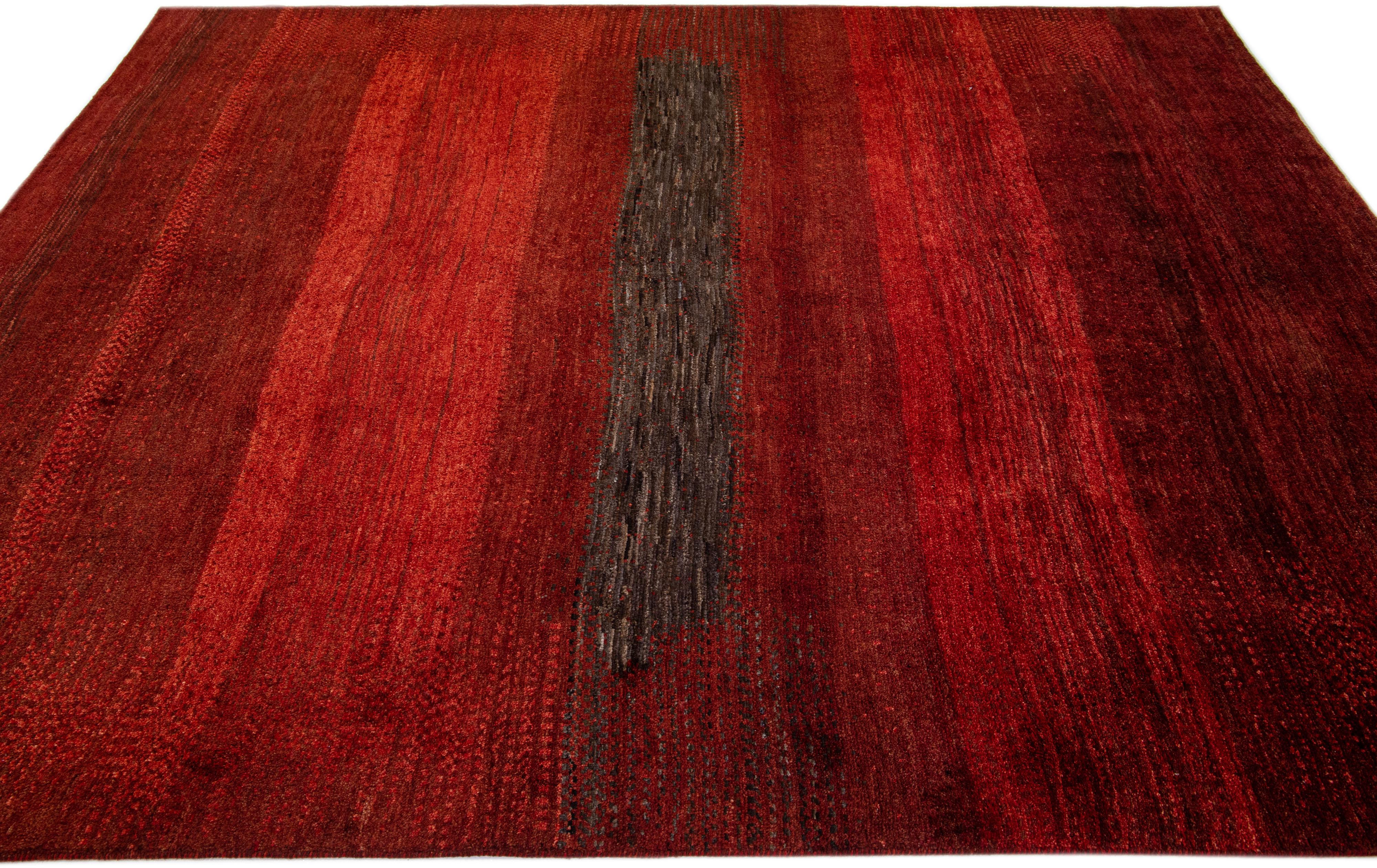 Hand-Woven Modern Handmade Gabbeh Style Red Wool Rug with Abstract Pattern For Sale