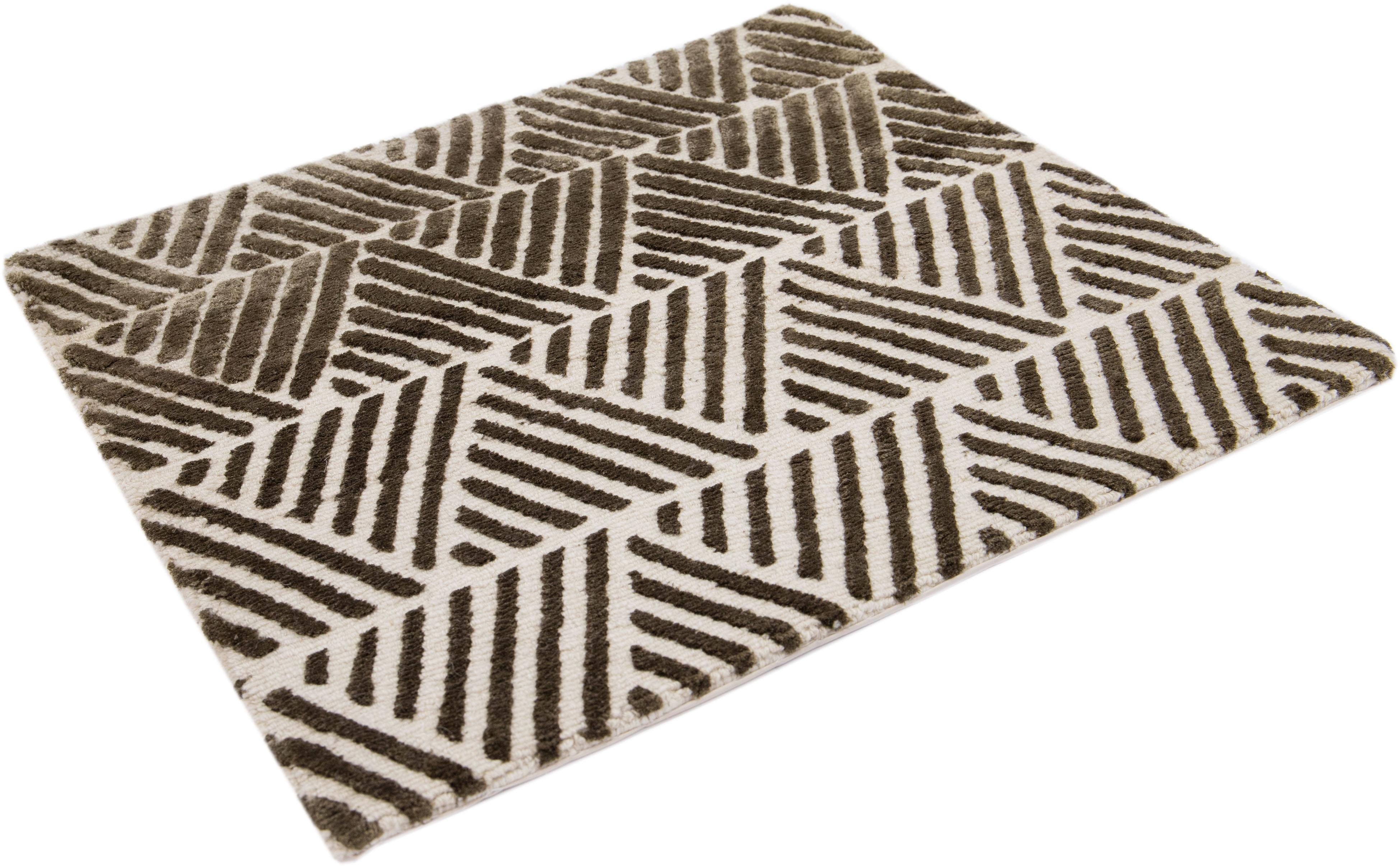 Modern Handmade Geometric Custom Brown Wool Rug In New Condition For Sale In Norwalk, CT