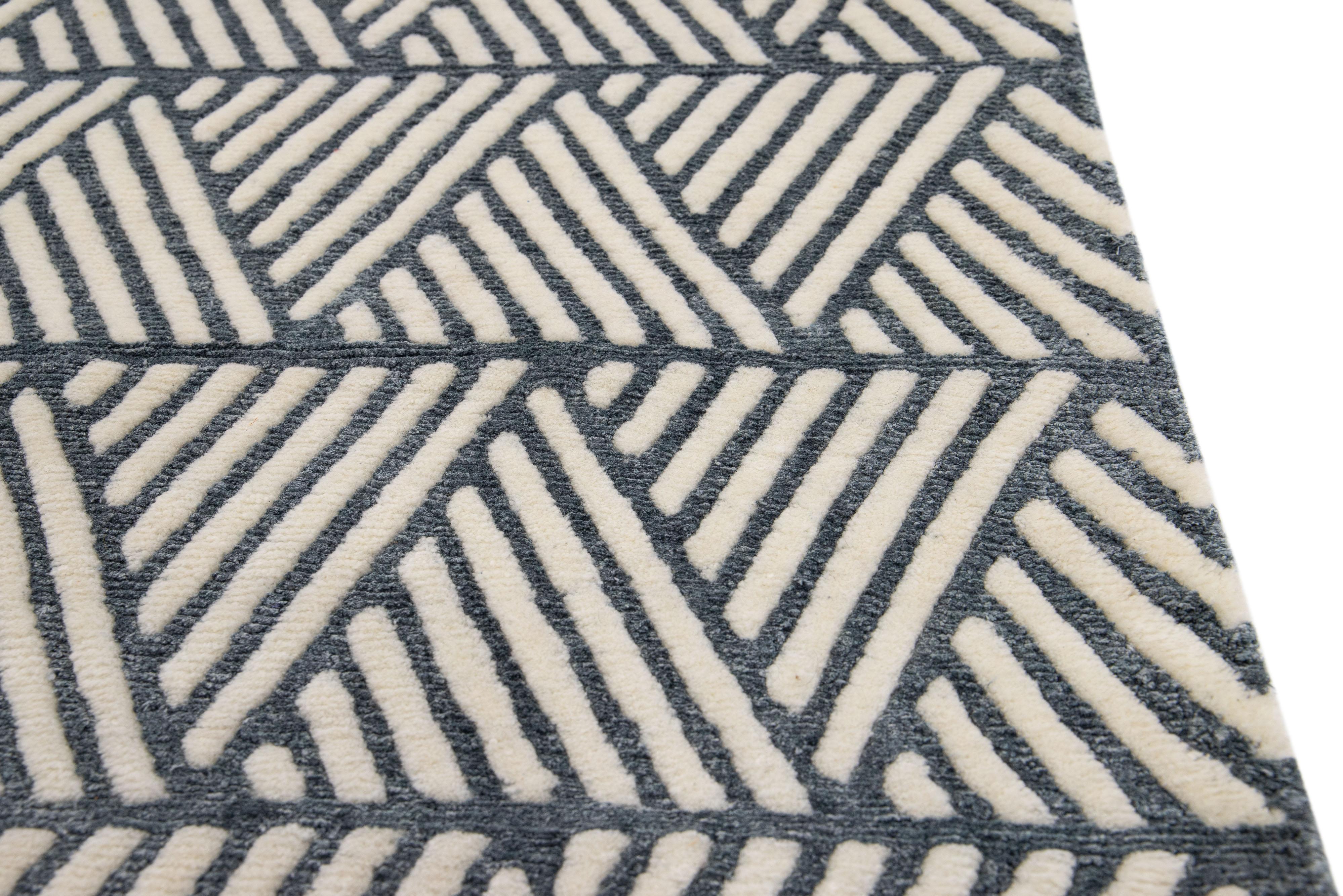 Hand-Knotted Modern Handmade Geometric Custom Gray Wool Rug For Sale