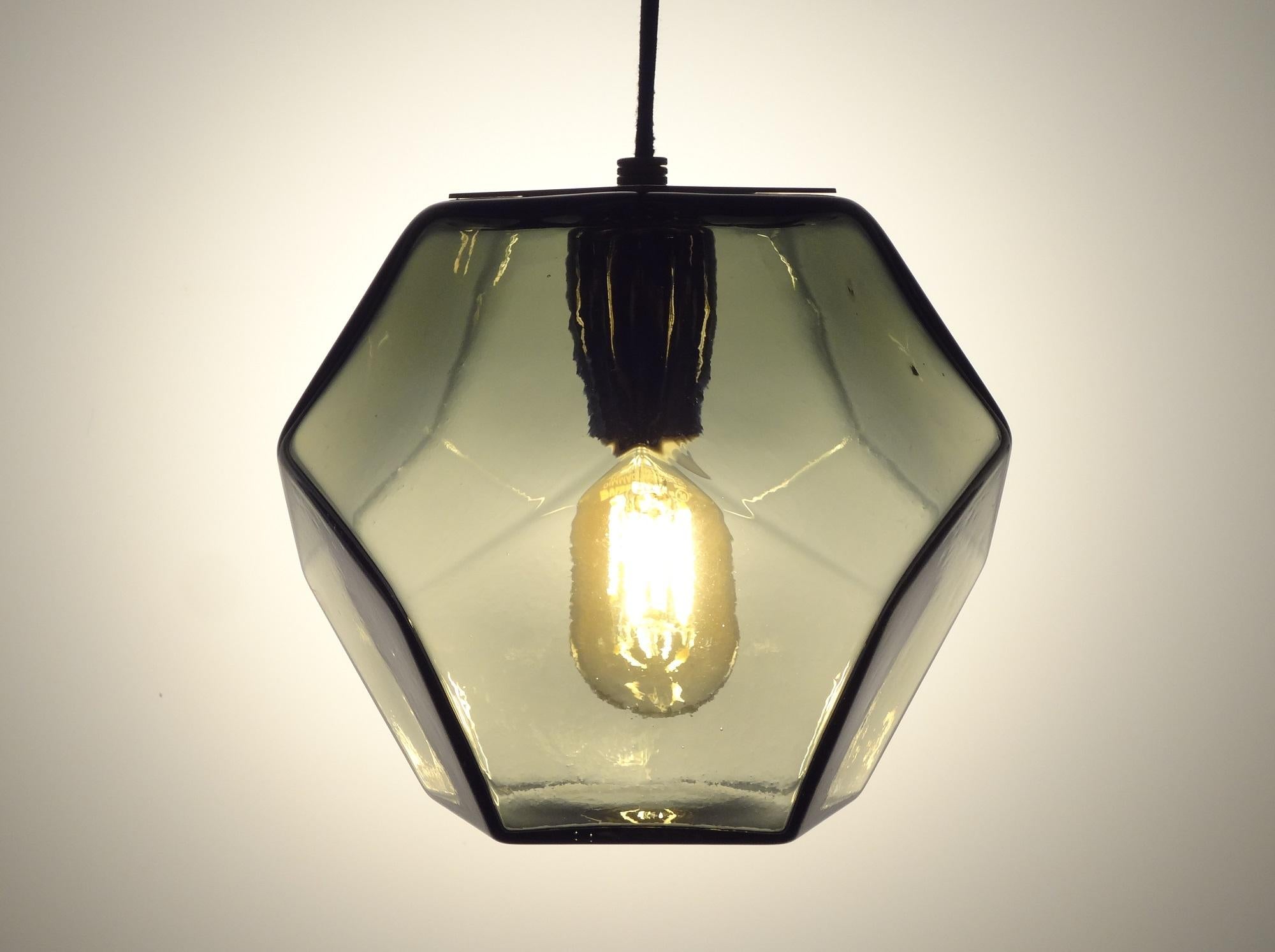 Molded Modern Handmade Glass Lighting, Hedron Series Pendant in Bubbled Glass For Sale