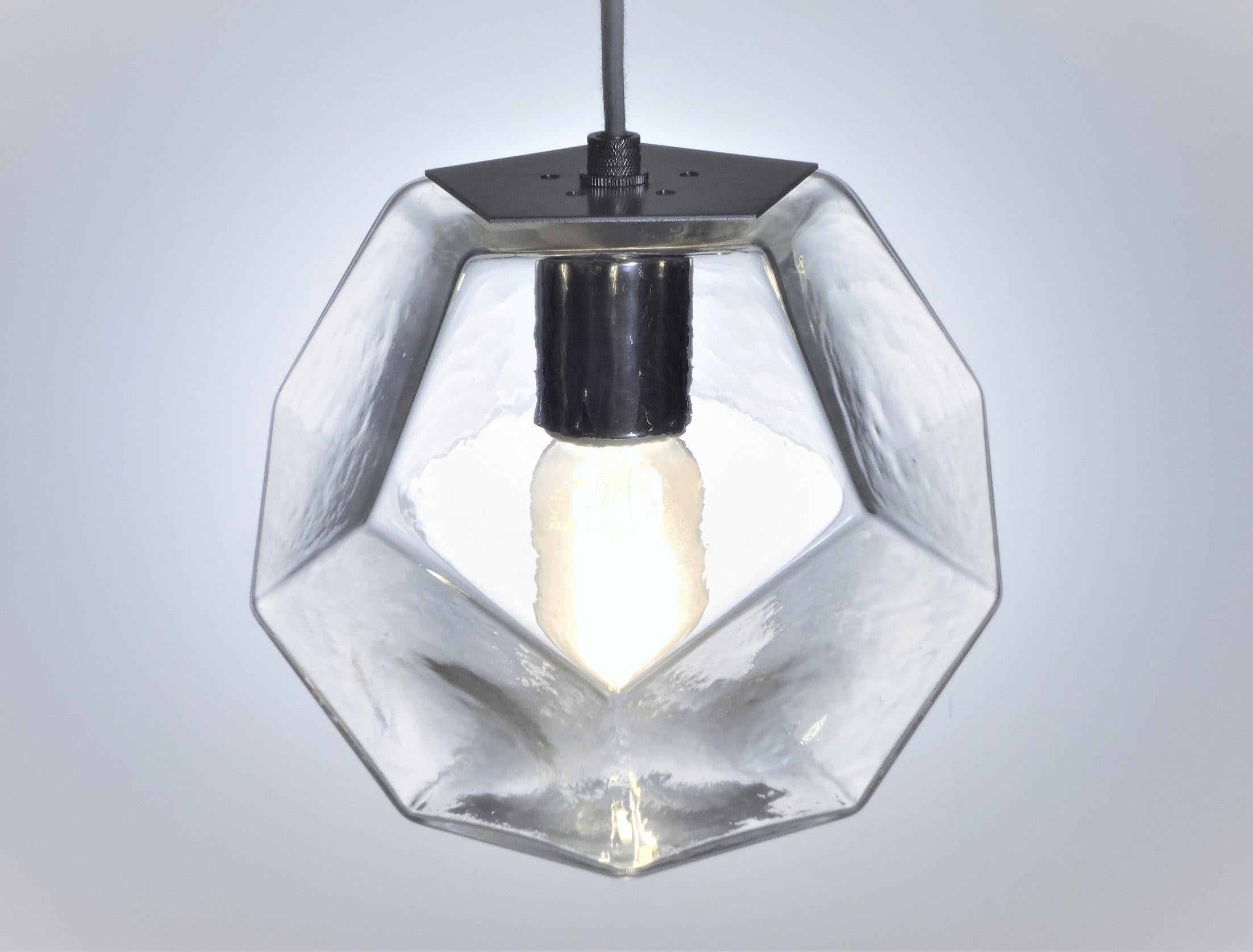 Contemporary Modern Handmade Glass Lighting, Hedron Series Pendant in Bubbled Glass For Sale