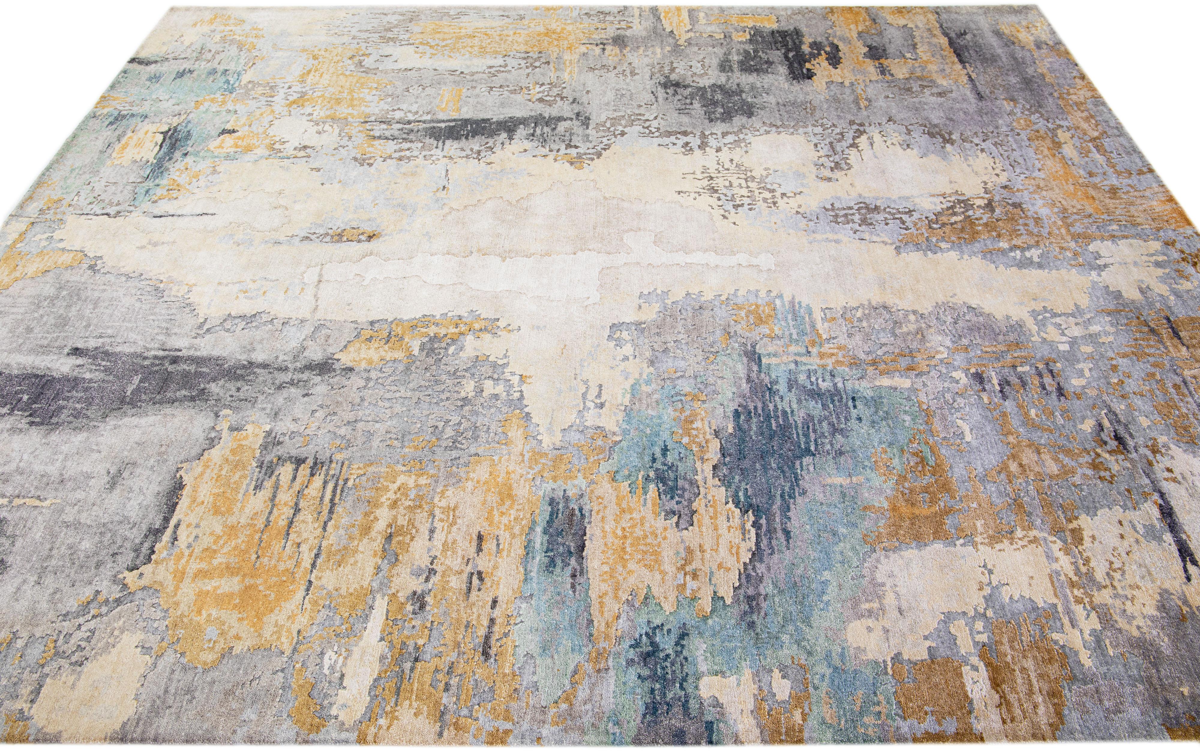 Hand-Knotted Modern Handmade Gray & Gold Abstract Wool & Silk Rug For Sale