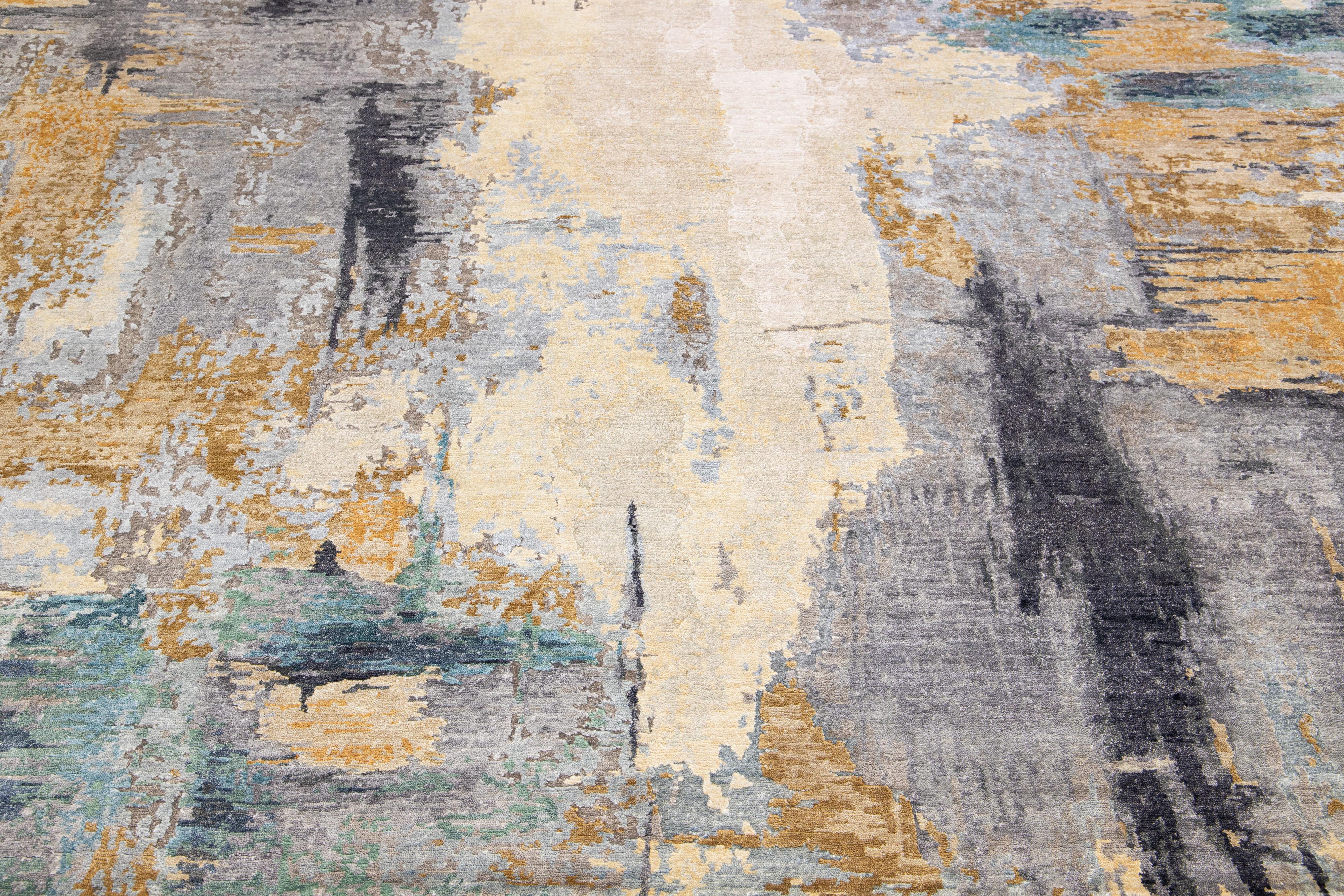 Contemporary Modern Handmade Gray & Gold Abstract Wool & Silk Rug For Sale