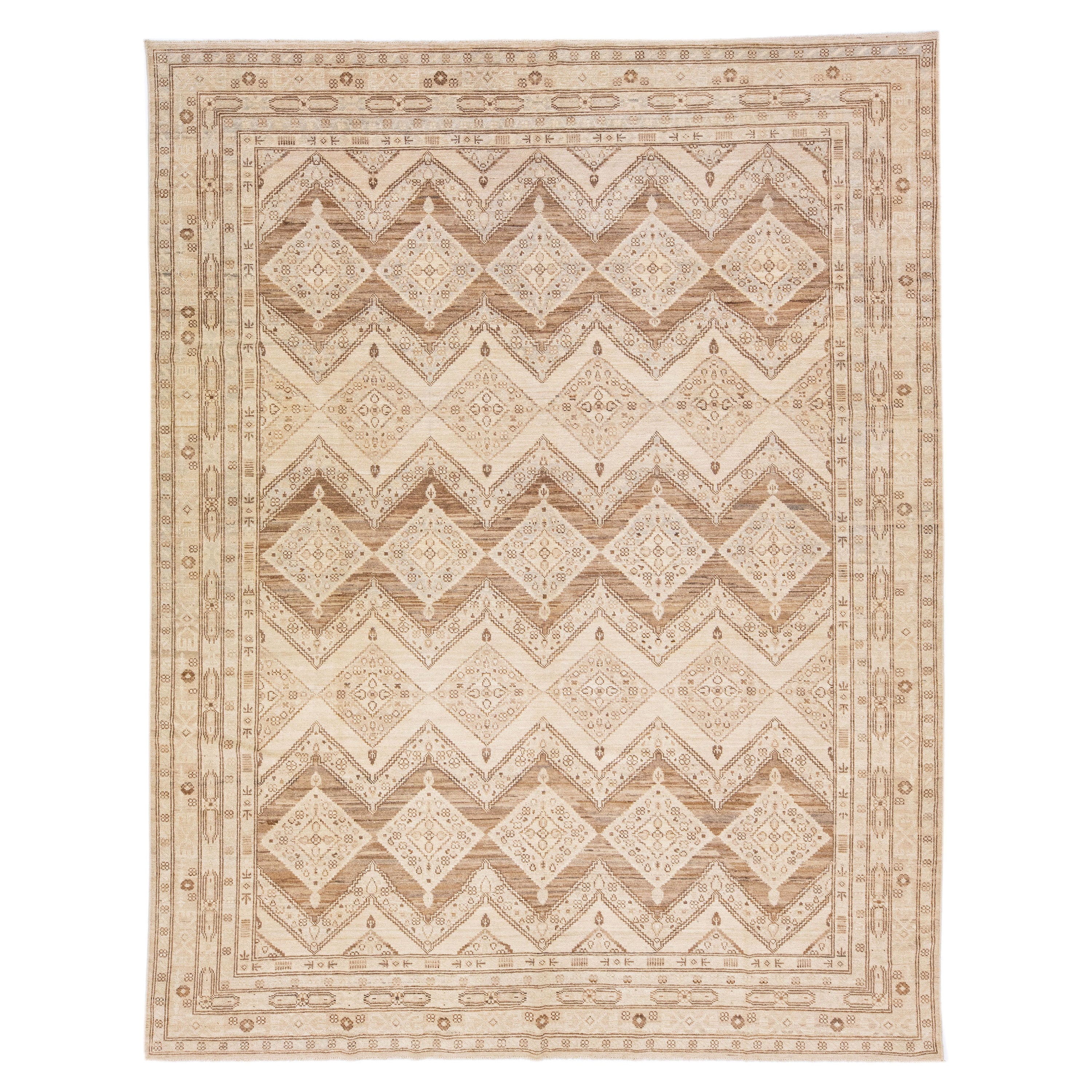 Modern Handmade Indian Peshawar Wool Rug with a Beige Geometric Motif
