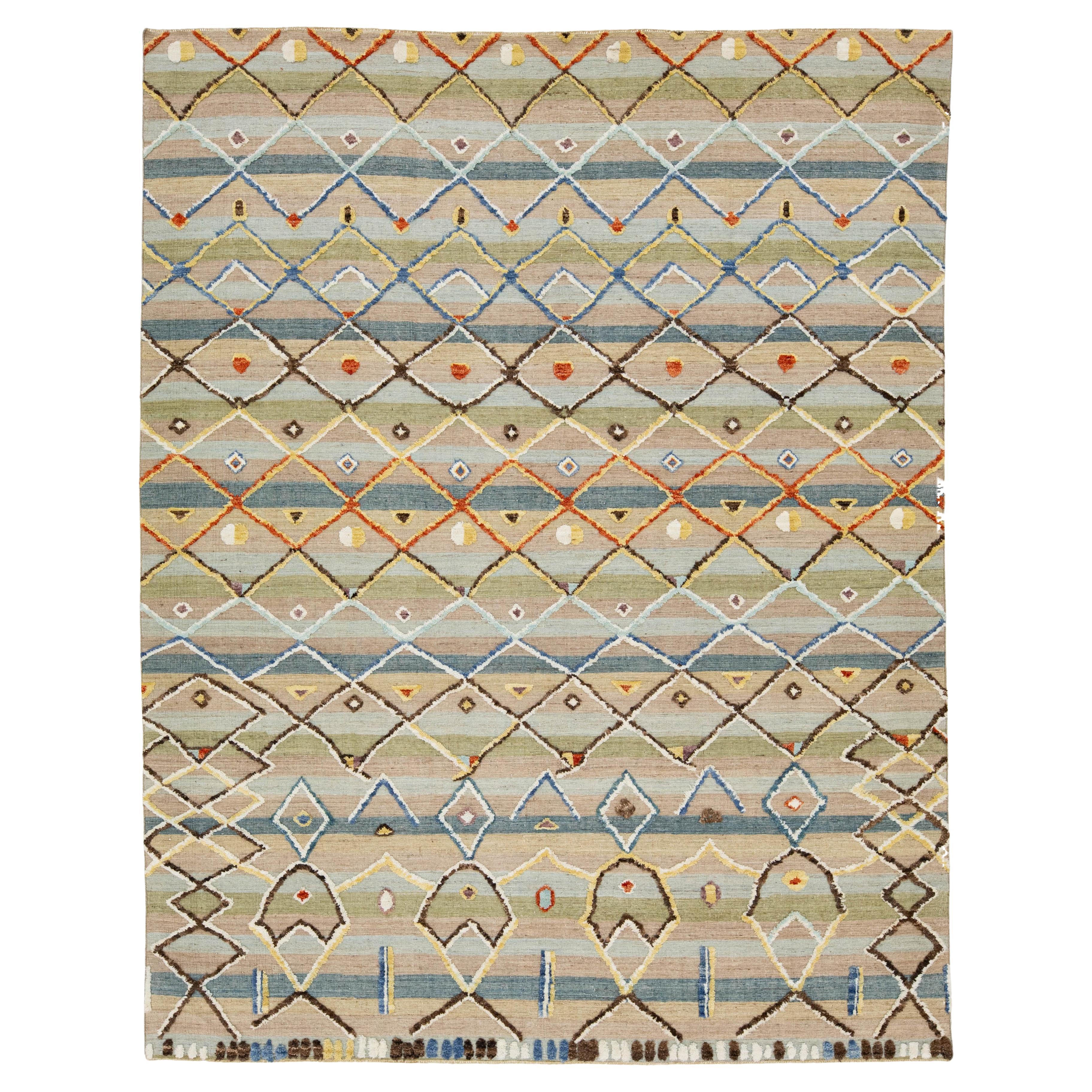 Modern Handmade Moroccan Style Wool Rug With Multicolor Tribal Design