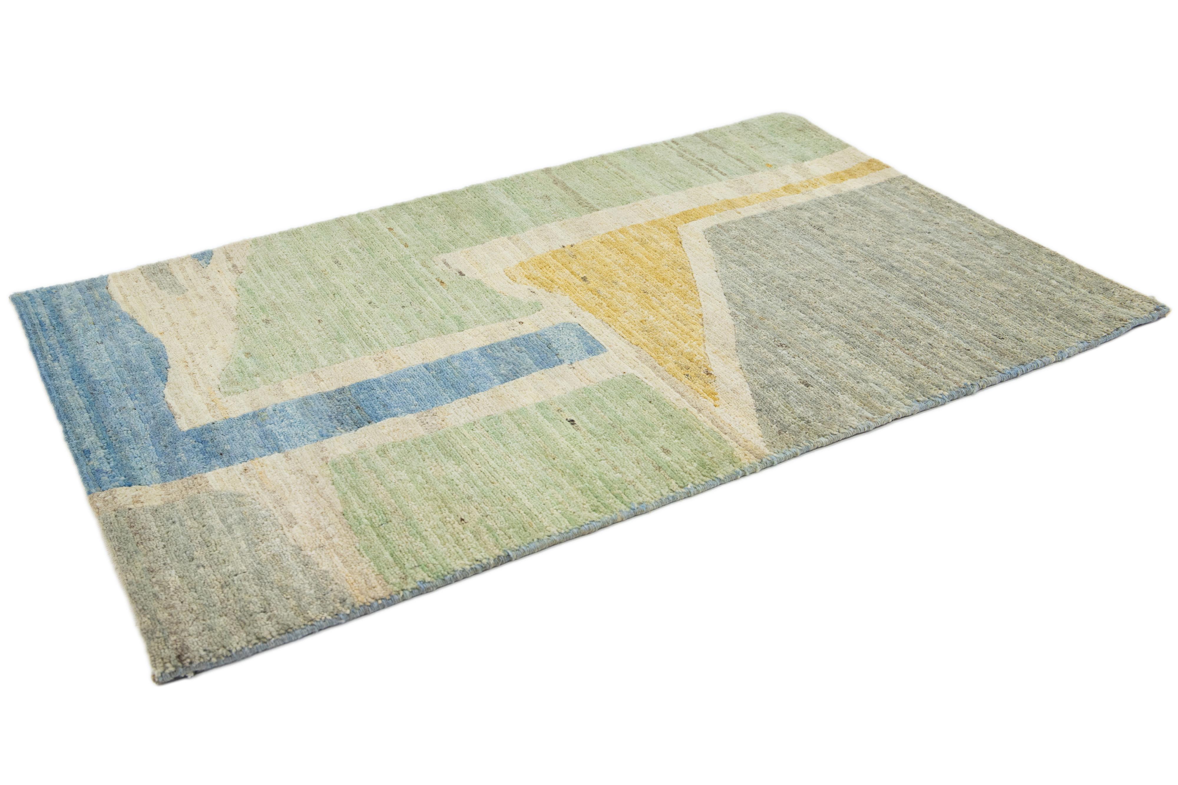 Indian Modern Handmade Multicolor Abstract Custom Wool Rug For Sale
