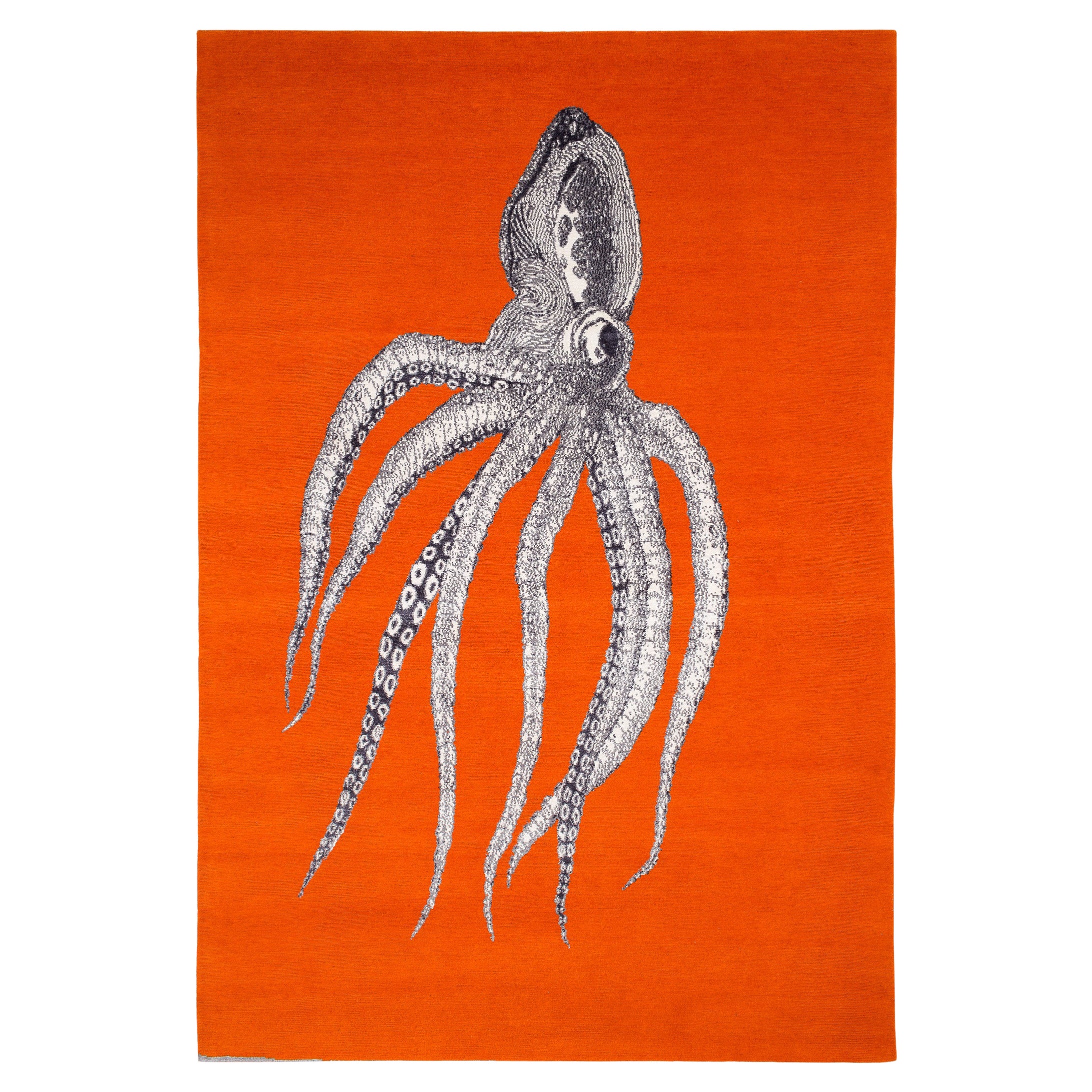 Moderner handgefertigter Octopus Art Orangefarbener Teppich aus Wolle und Seide Inky von Joseph Carini