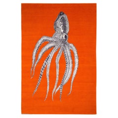 Modern Handmade Octopus Art Orange Wool and Silk Area Rug Inky by Joseph Carini