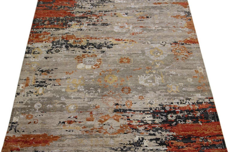 Modern Handmade Orange Abstract Wool and Silk Rug For Sale at 1stDibs