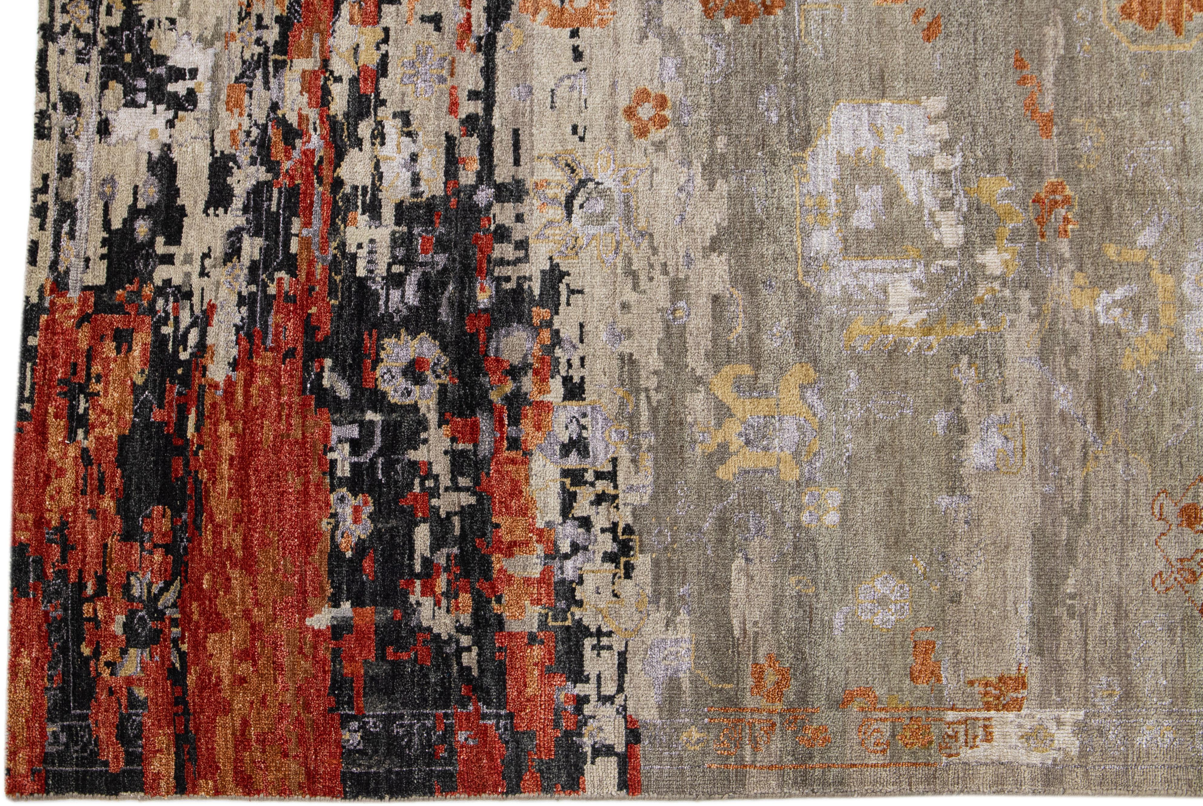 Hand-Knotted Modern Handmade Orange Abstract Wool & Silk Rug For Sale