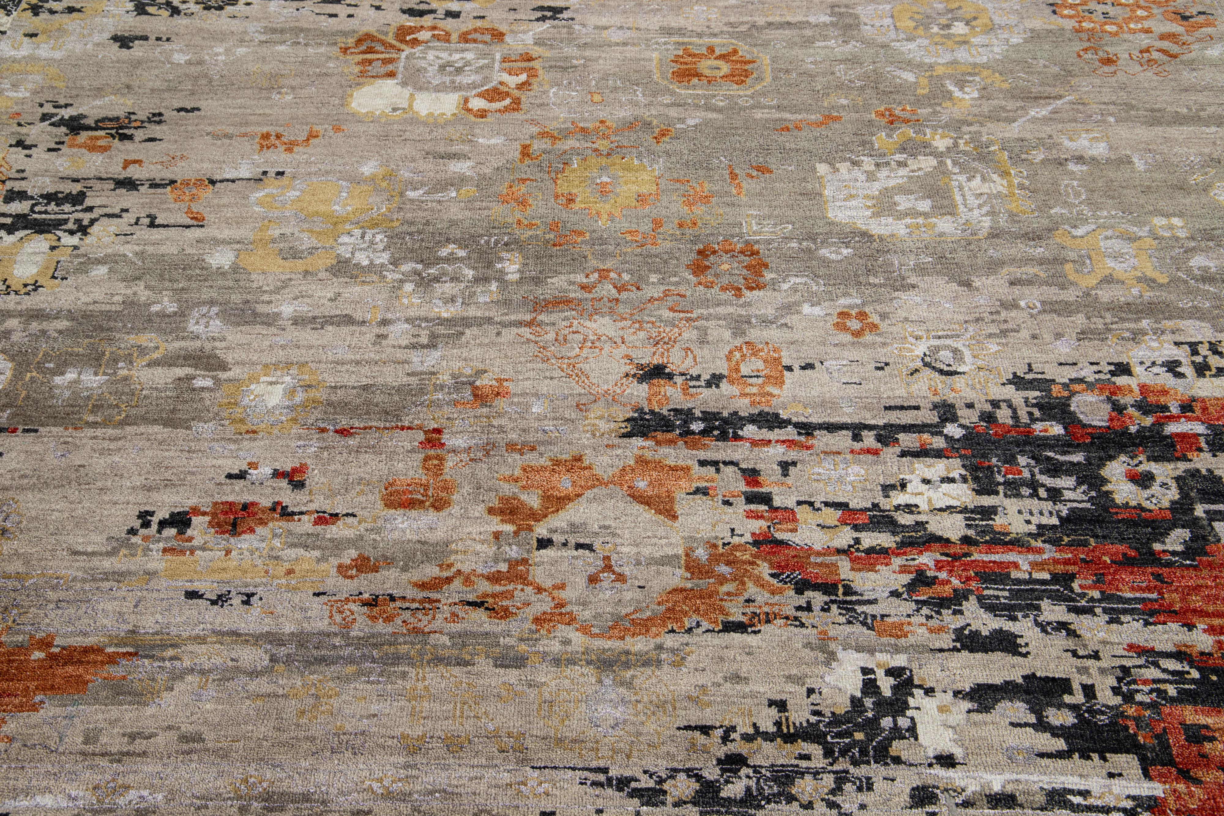 Modern Handmade Orange Abstract Wool & Silk Rug In New Condition For Sale In Norwalk, CT