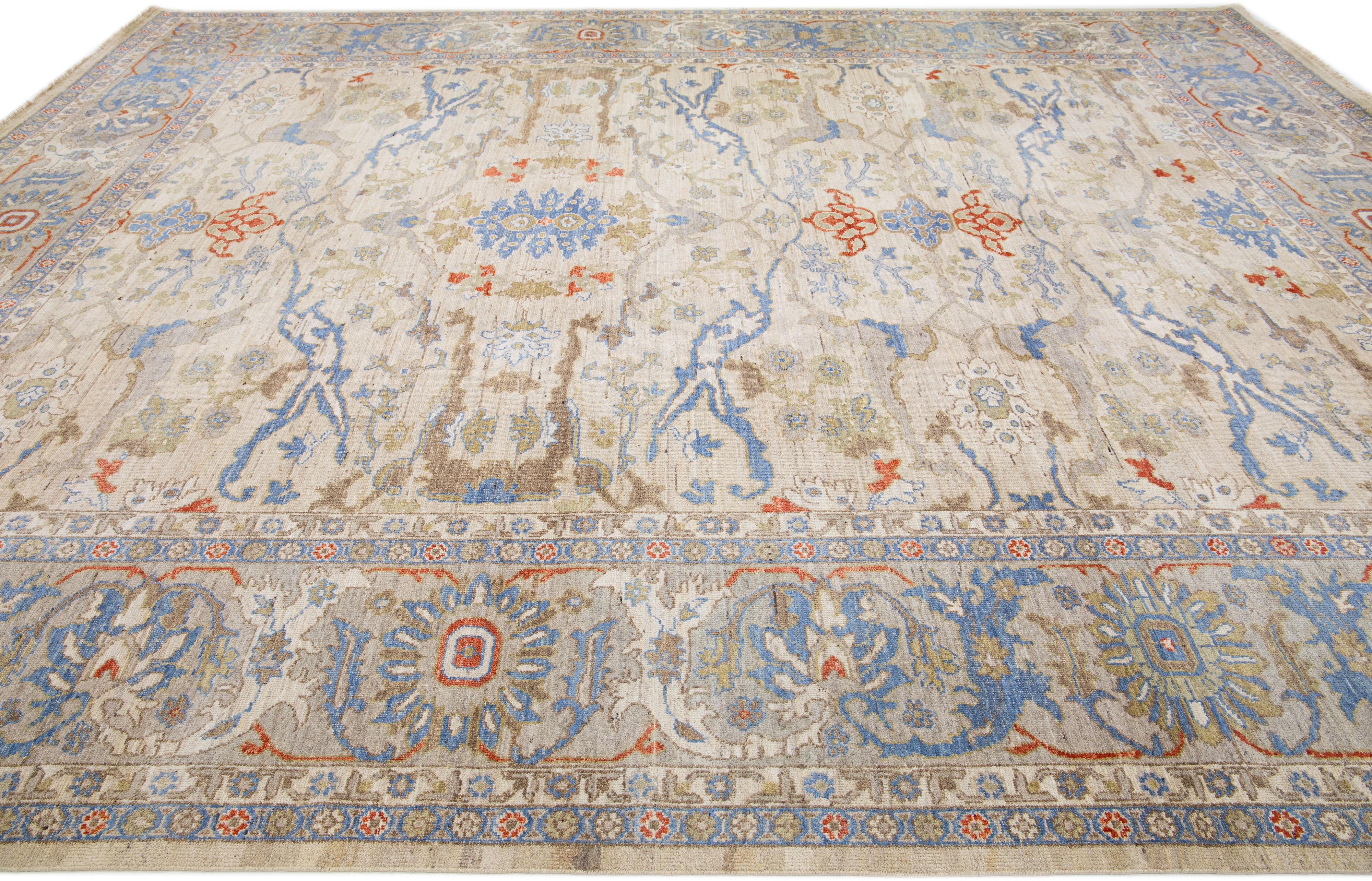 Hand-Knotted Modern Handmade Sultanabad Beige Wool Rug with Allover Pattern For Sale