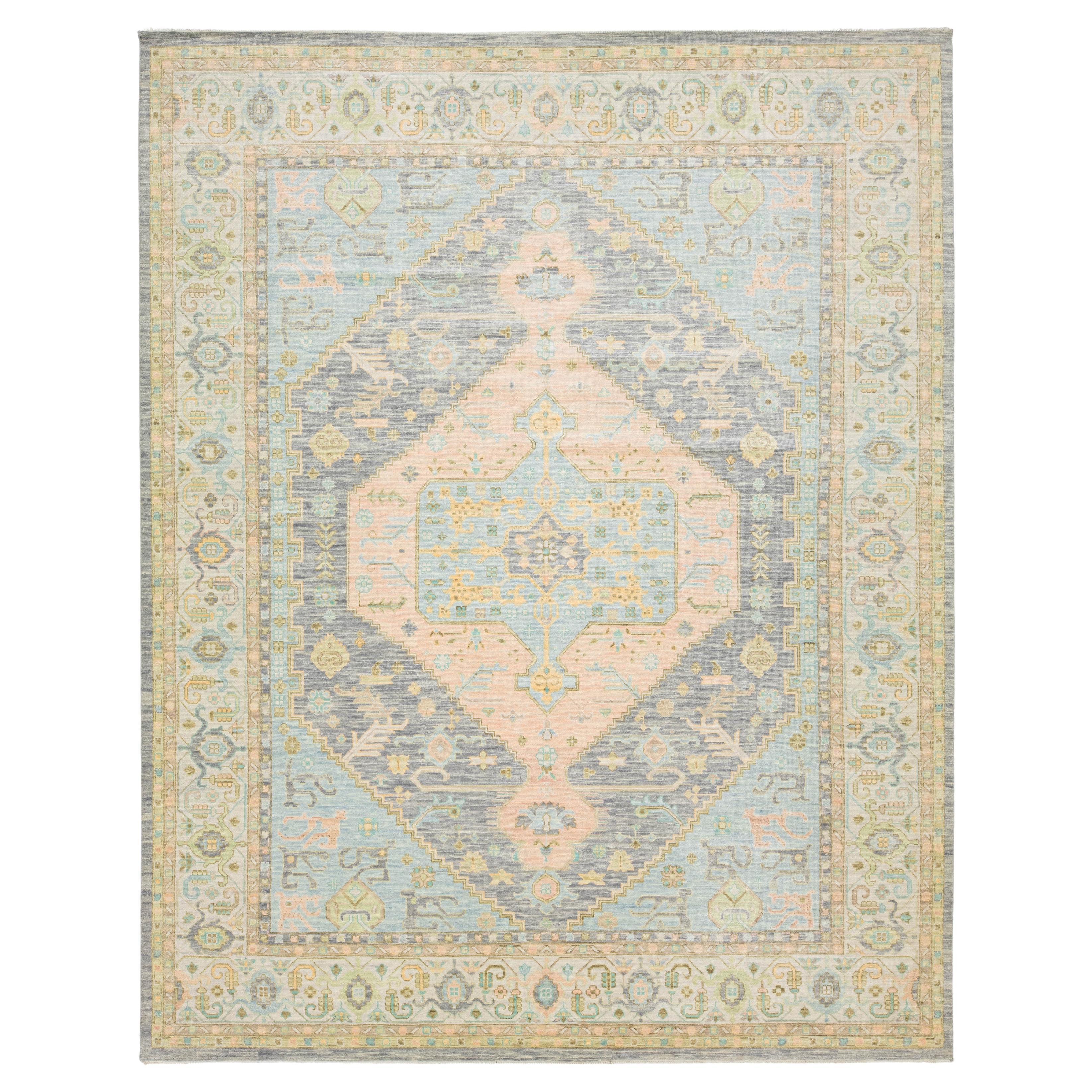 Modern Handmade Oushak Style Wool Rug In Peach and Blue With Medallion Design