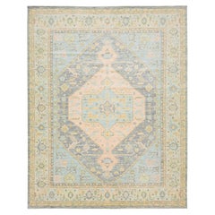 Modern Handmade Oushak Style Wool Rug In Peach and Blue With Medallion Design