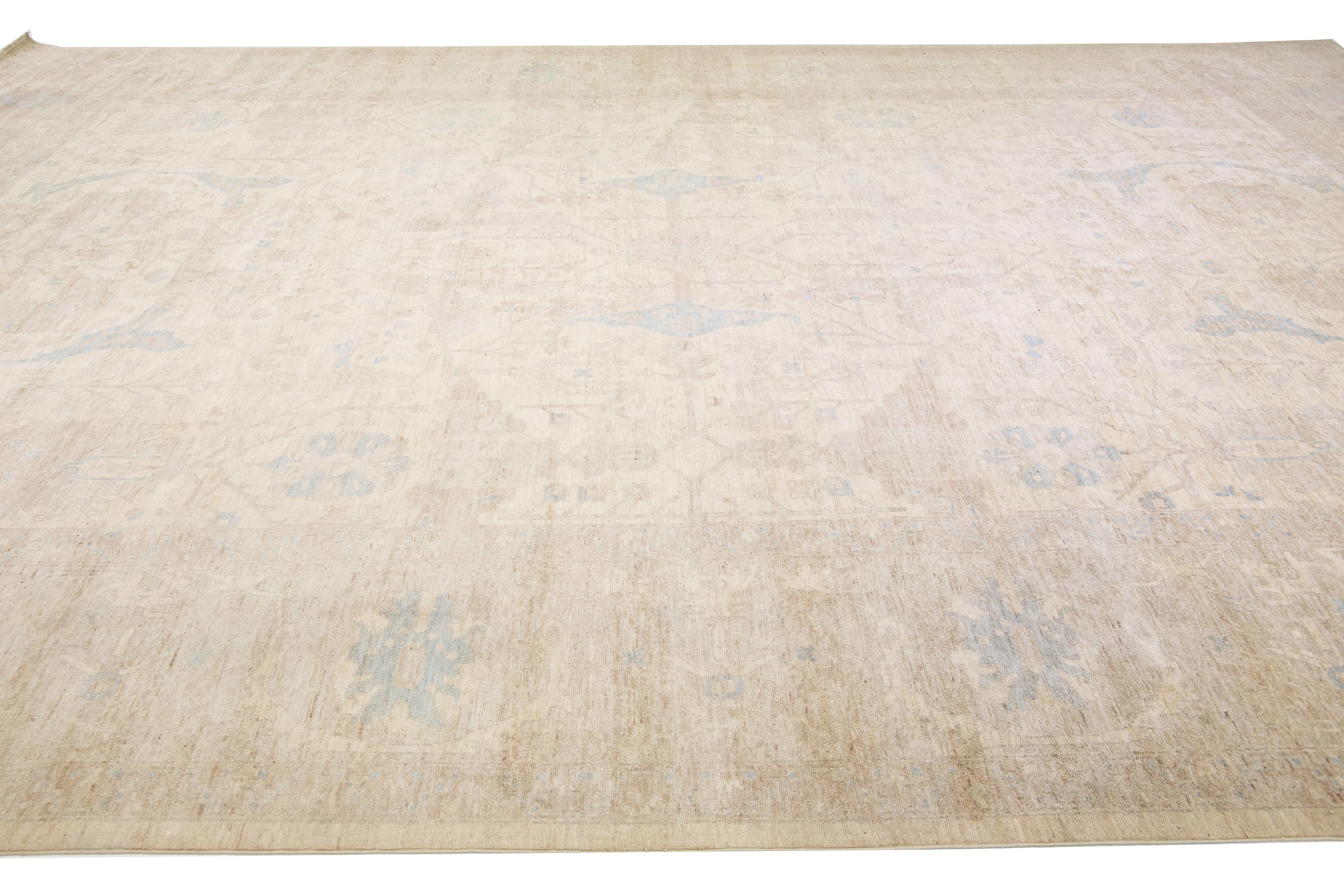 Hand-Knotted Modern Handmade Oushak Style Wool Rug With Beige Field For Sale