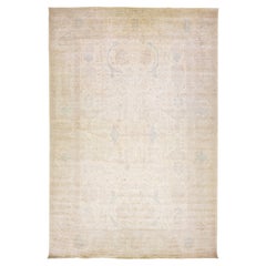 Modern Handmade Oushak Style Wool Rug With Beige Field