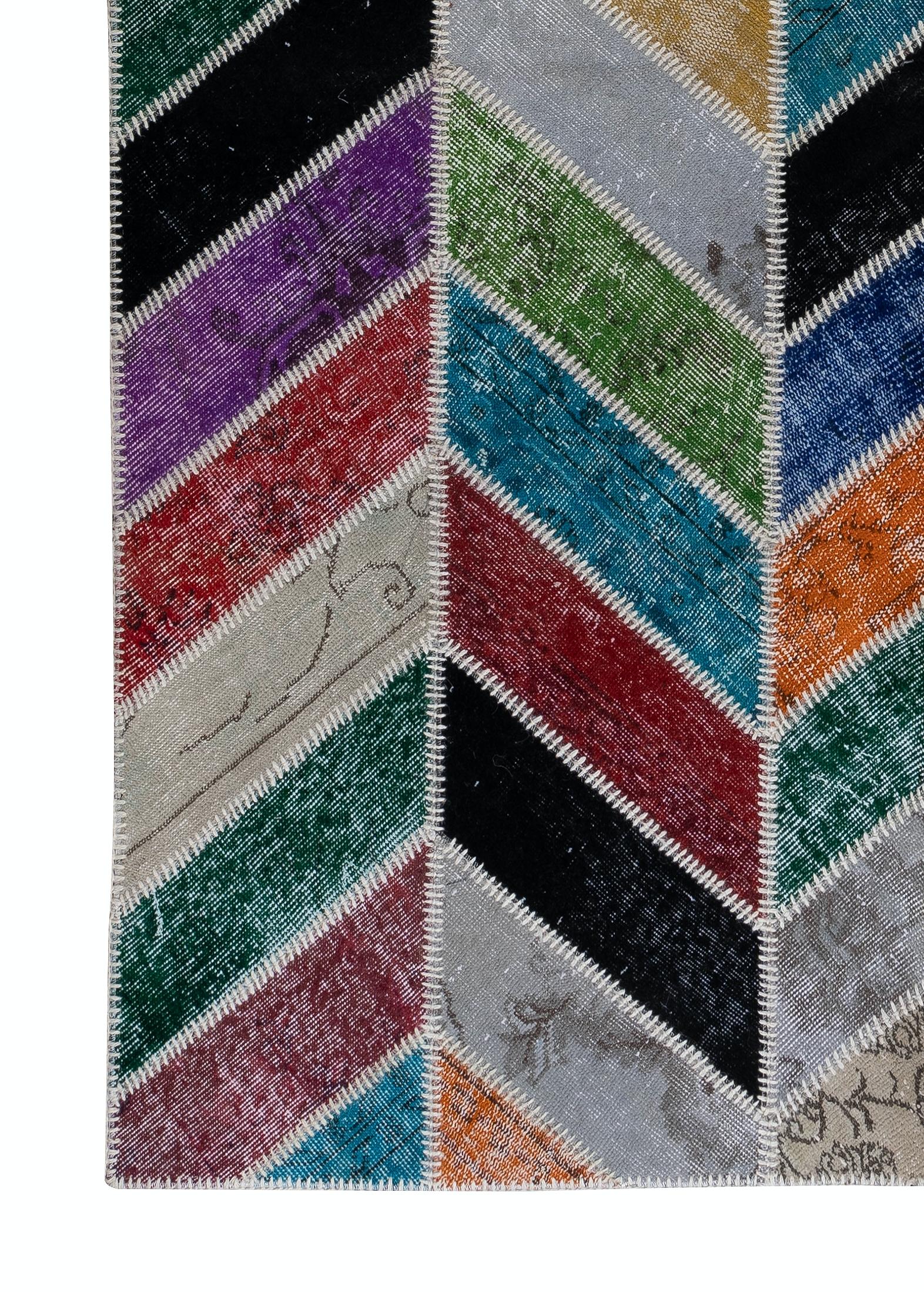 Hand-Woven Modern Handmade Patchwork Rug, Colorful Wool Carpet, Custom Options Available For Sale