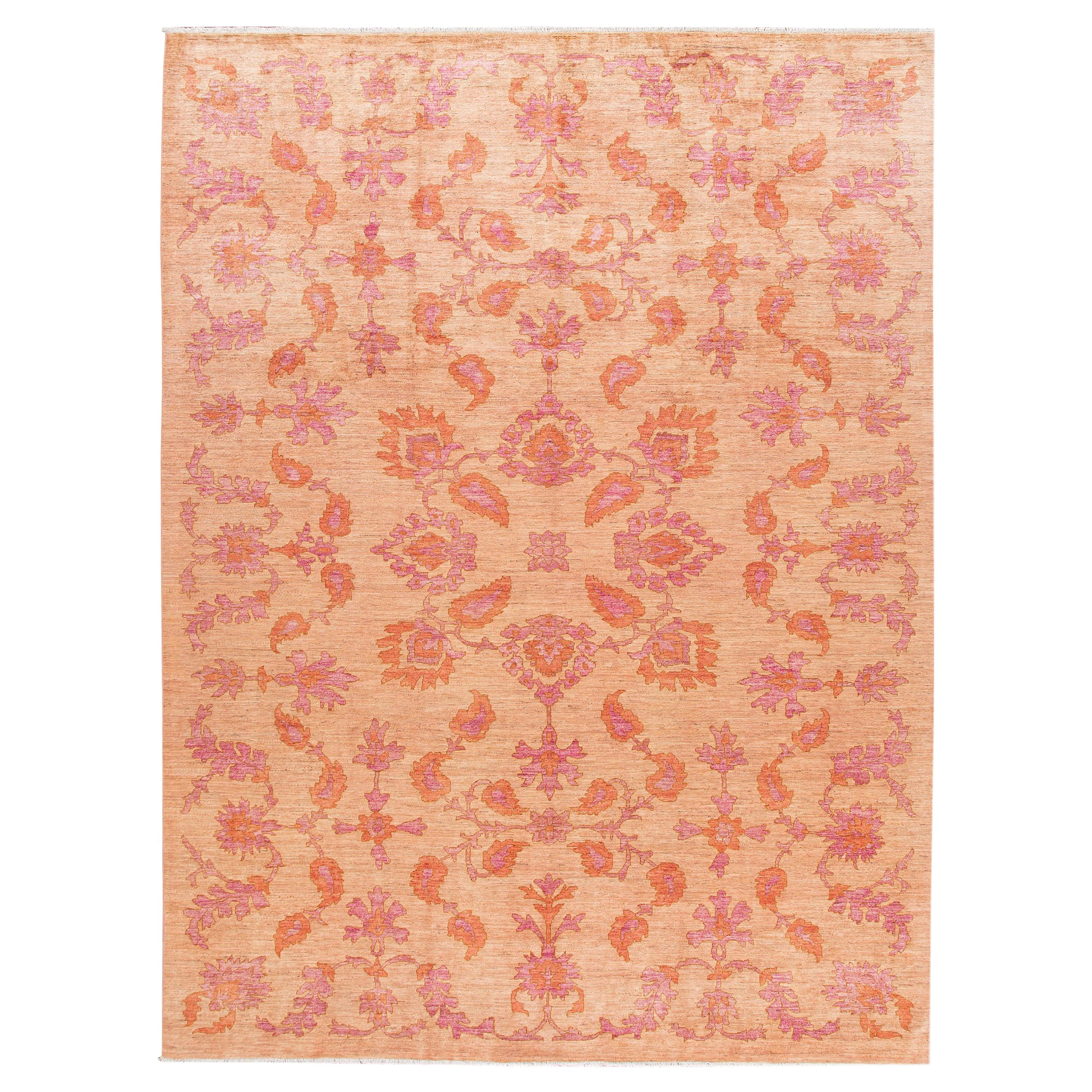 Modern Handmade Peach and Orange Floral Wool Rug For Sale at 1stDibs