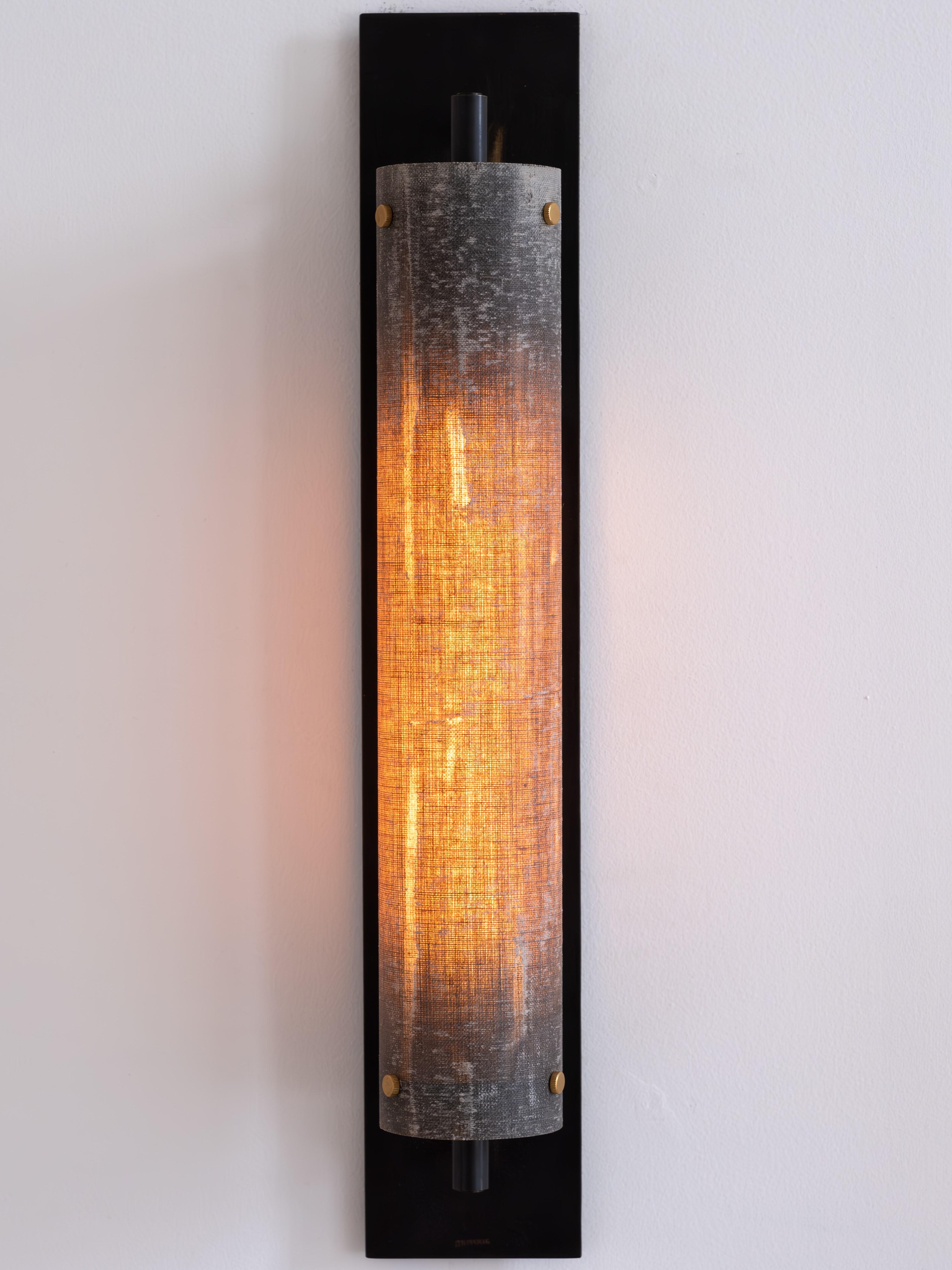 Modern Handmade Pole Wall Sconce Linen Micarta, Blackened Brass by Mutuus Studio For Sale 7