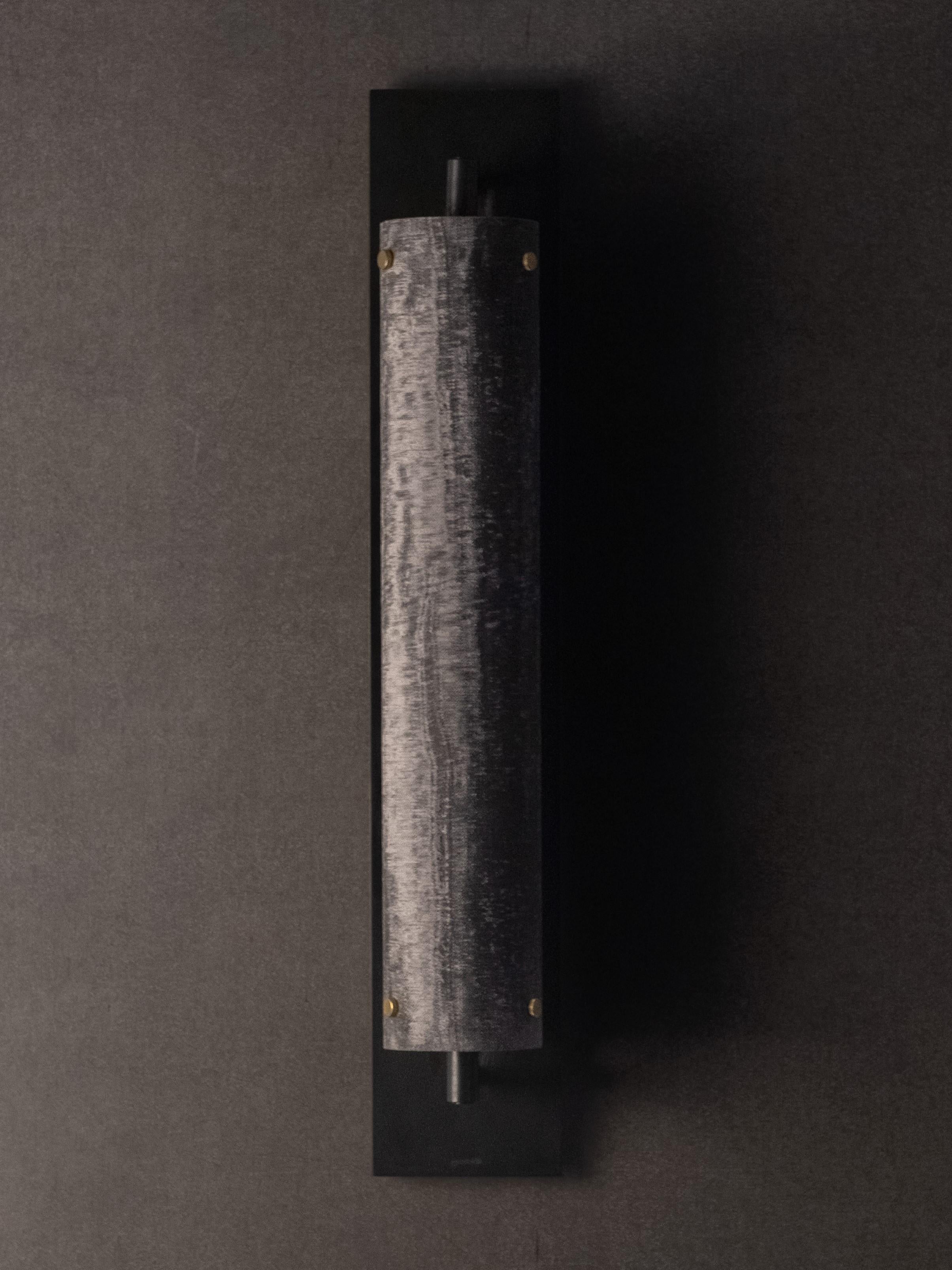 American Modern Handmade Pole Wall Sconce Linen Micarta, Blackened Brass by Mutuus Studio For Sale