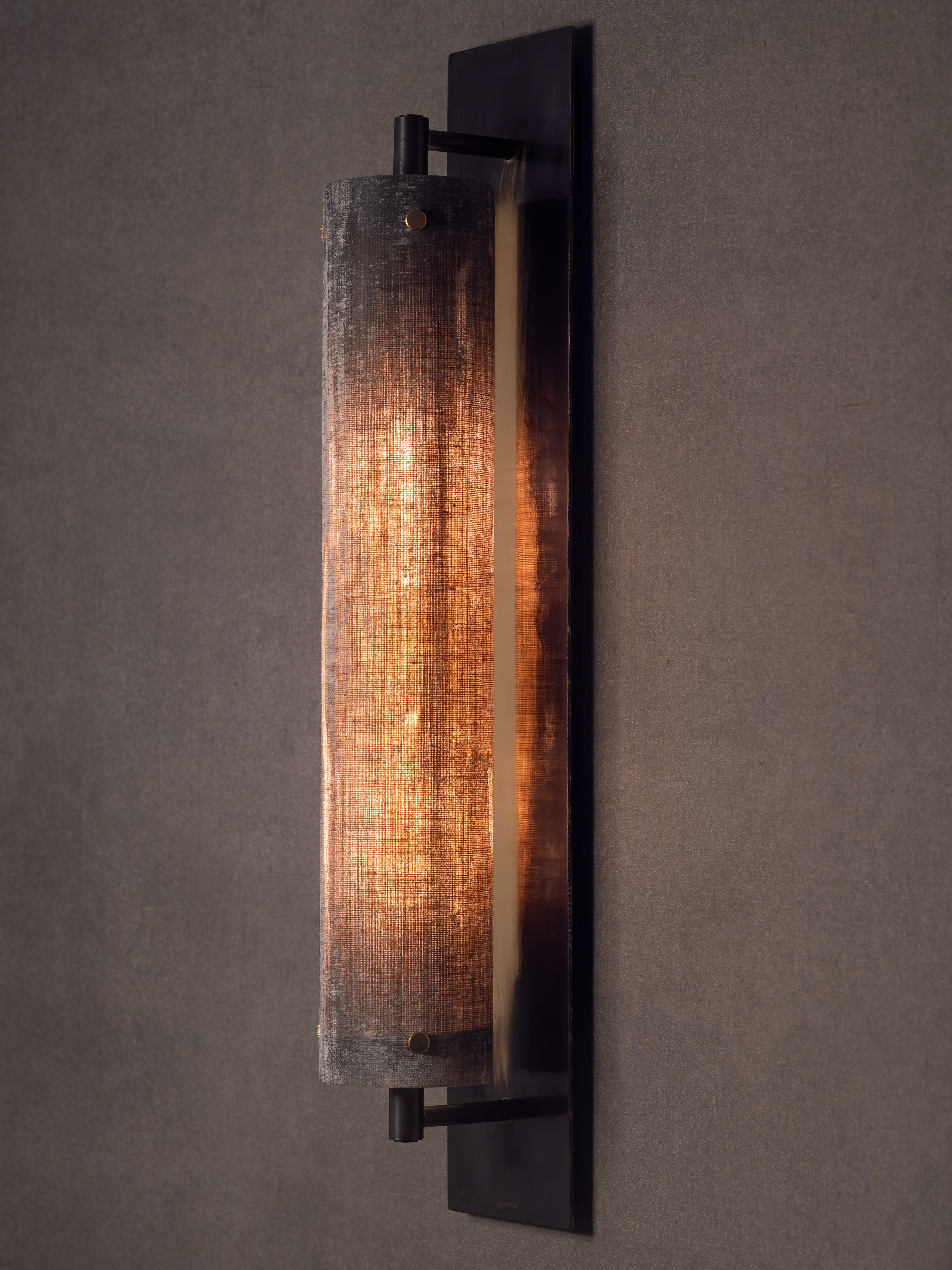 Hand-Crafted Modern Handmade Pole Wall Sconce Linen Micarta, Blackened Brass by Mutuus Studio For Sale