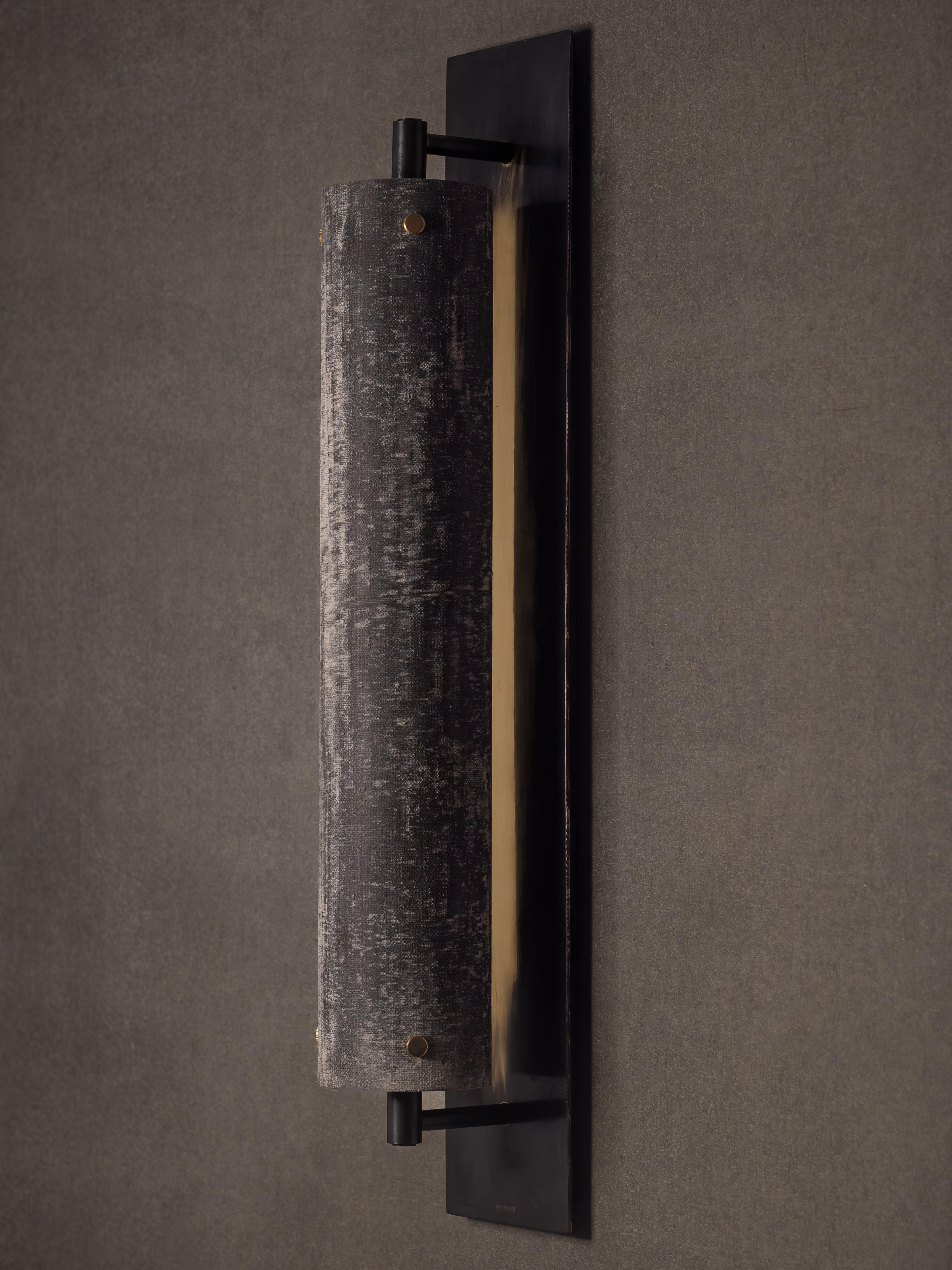 Modern Handmade Pole Wall Sconce Linen Micarta, Blackened Brass by Mutuus Studio In New Condition For Sale In Seattle, WA