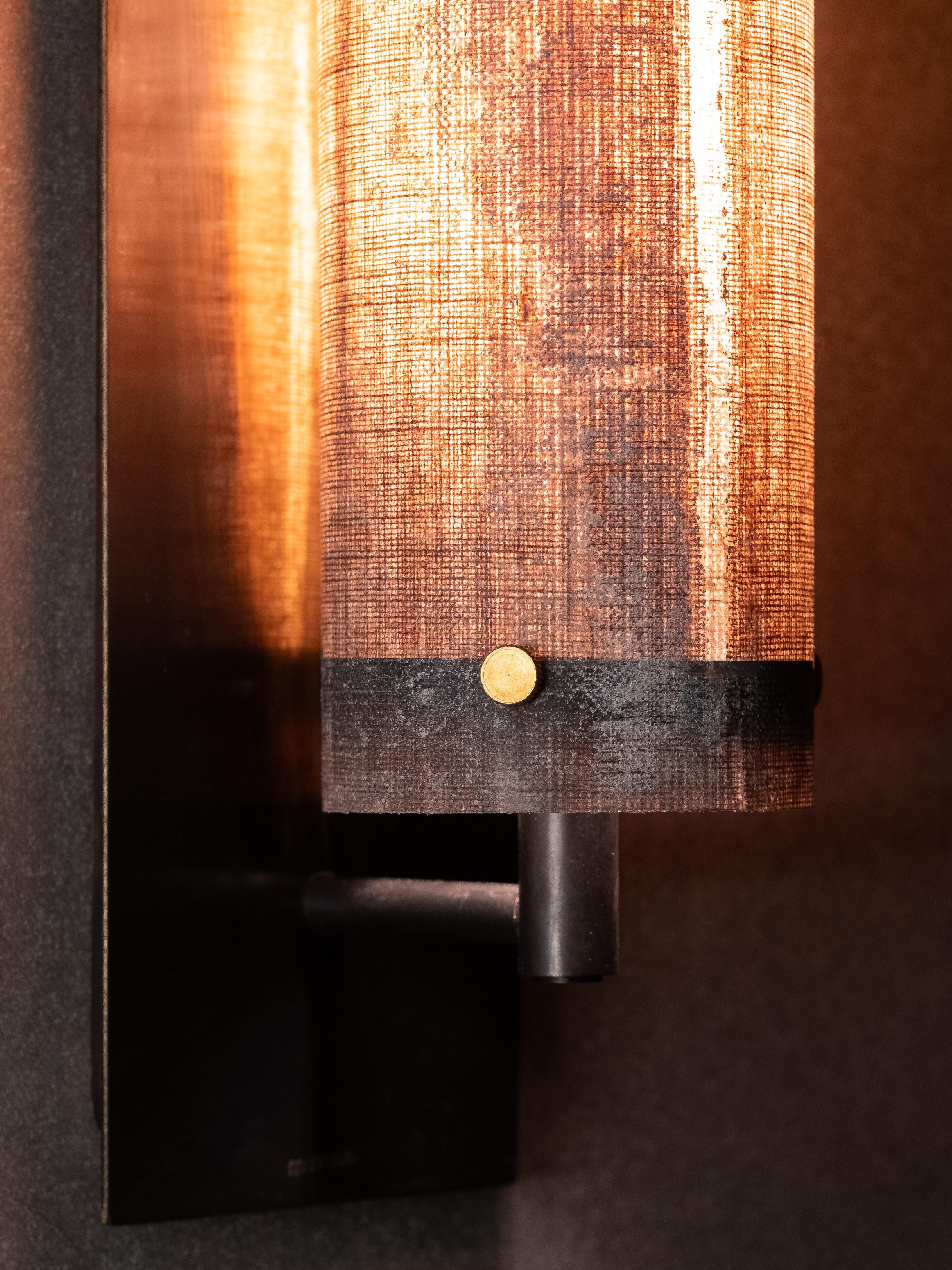 Contemporary Modern Handmade Pole Wall Sconce Linen Micarta, Blackened Brass by Mutuus Studio For Sale