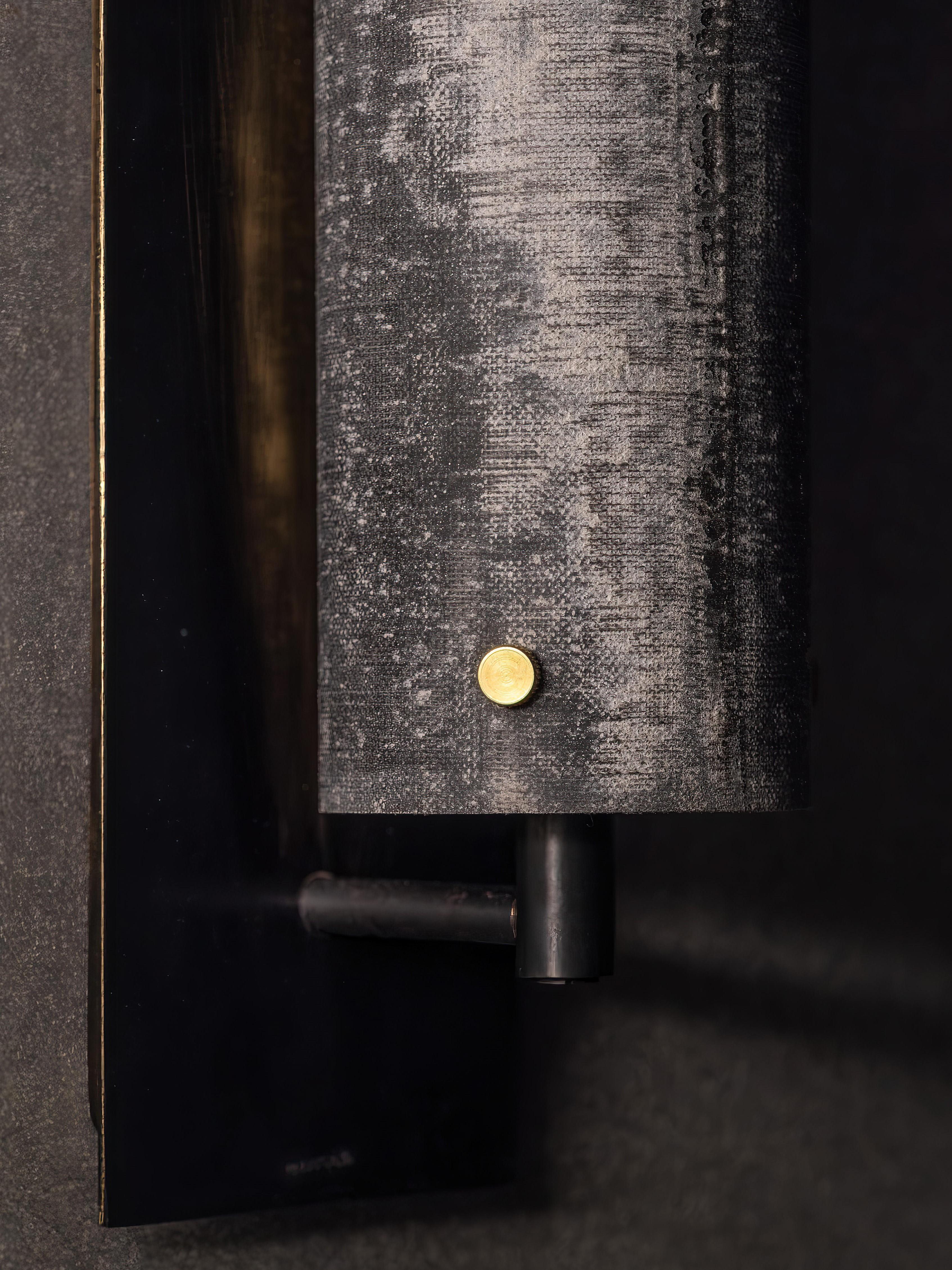 Modern Handmade Pole Wall Sconce Linen Micarta, Blackened Brass by Mutuus Studio For Sale 1