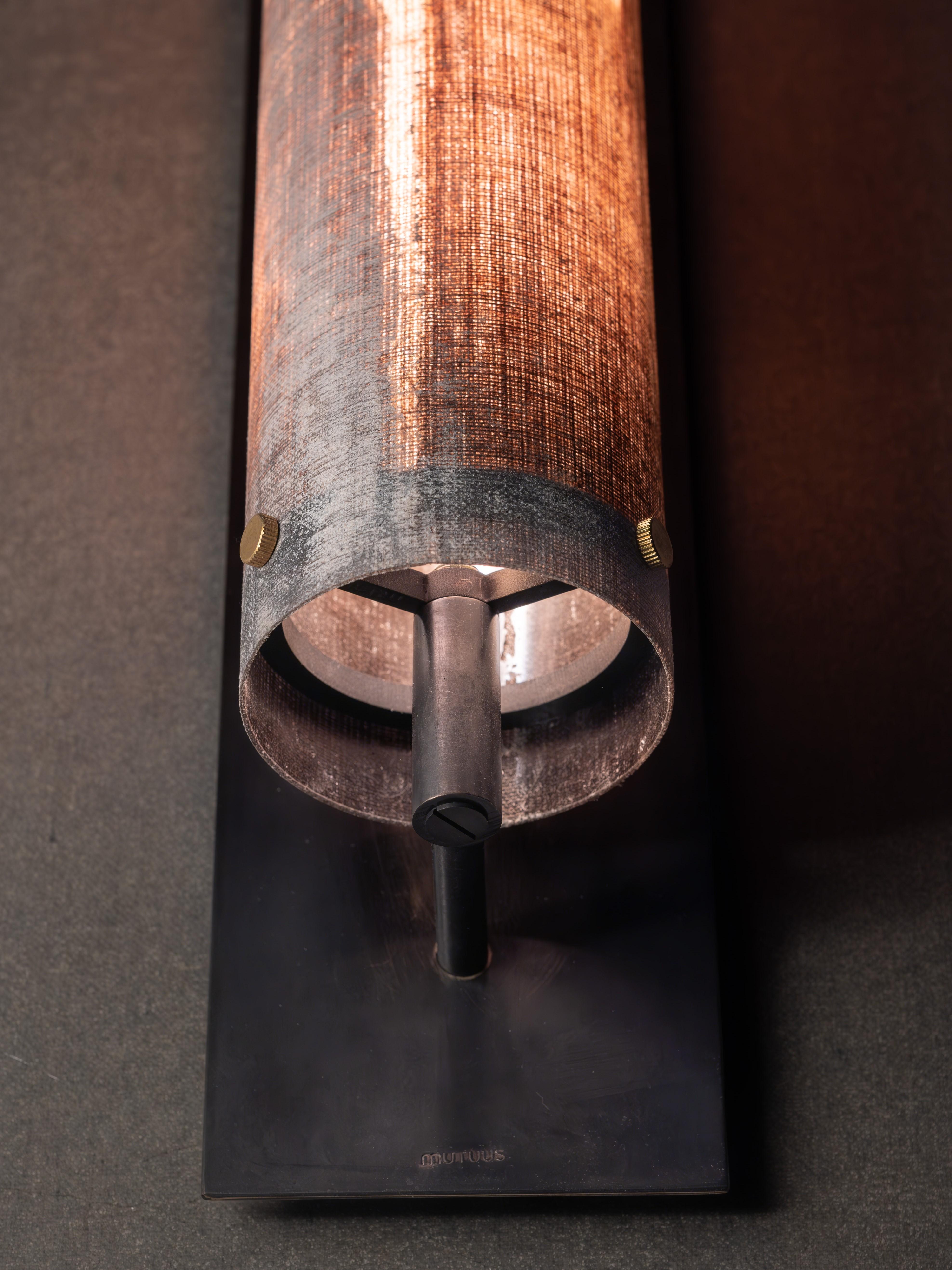 Modern Handmade Pole Wall Sconce Linen Micarta, Blackened Brass by Mutuus Studio For Sale 2