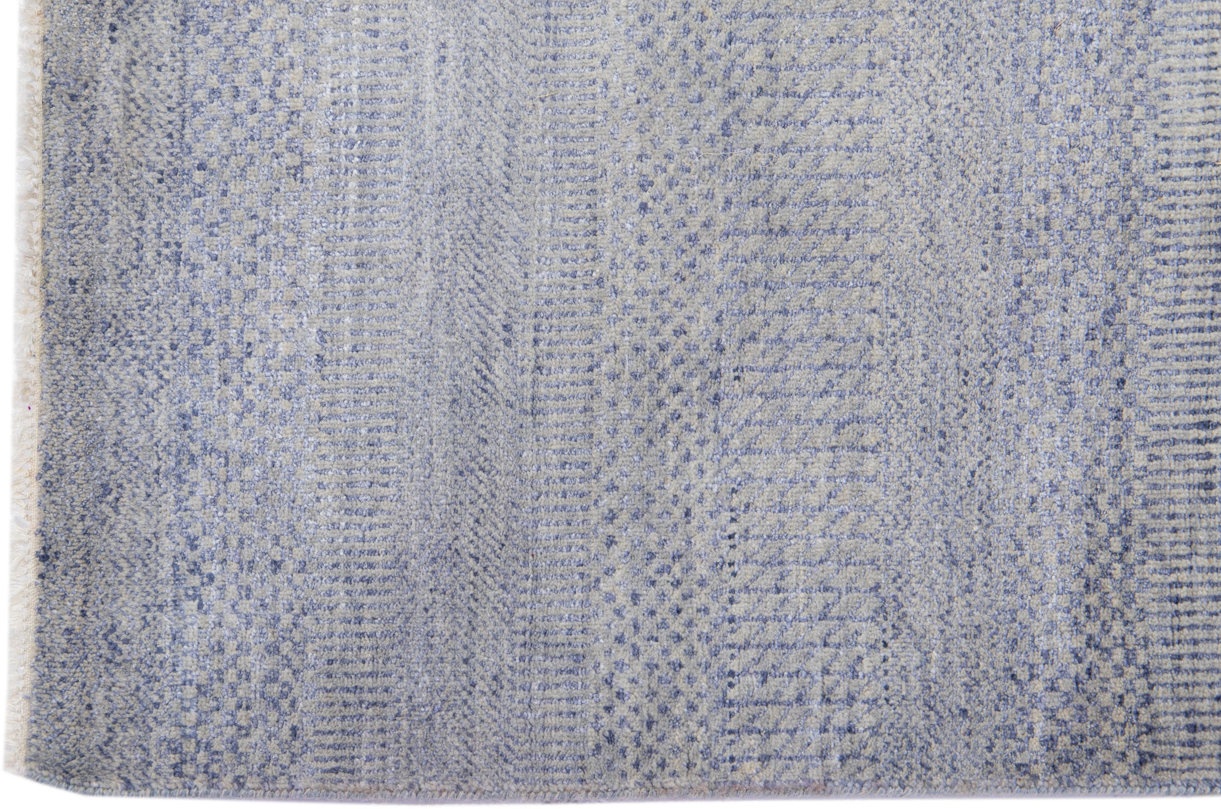 Hand-Knotted Modern Handmade Savannah Wool Runner in Gray & Blue For Sale