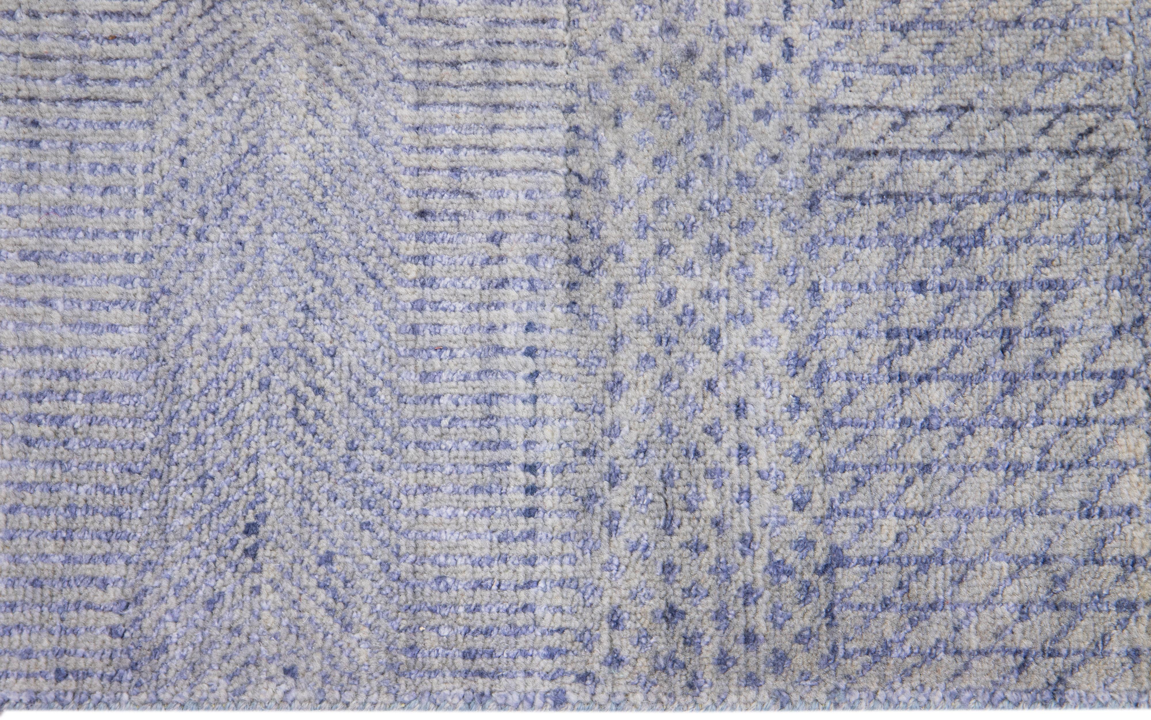 Contemporary Modern Handmade Savannah Wool Runner in Gray & Blue For Sale