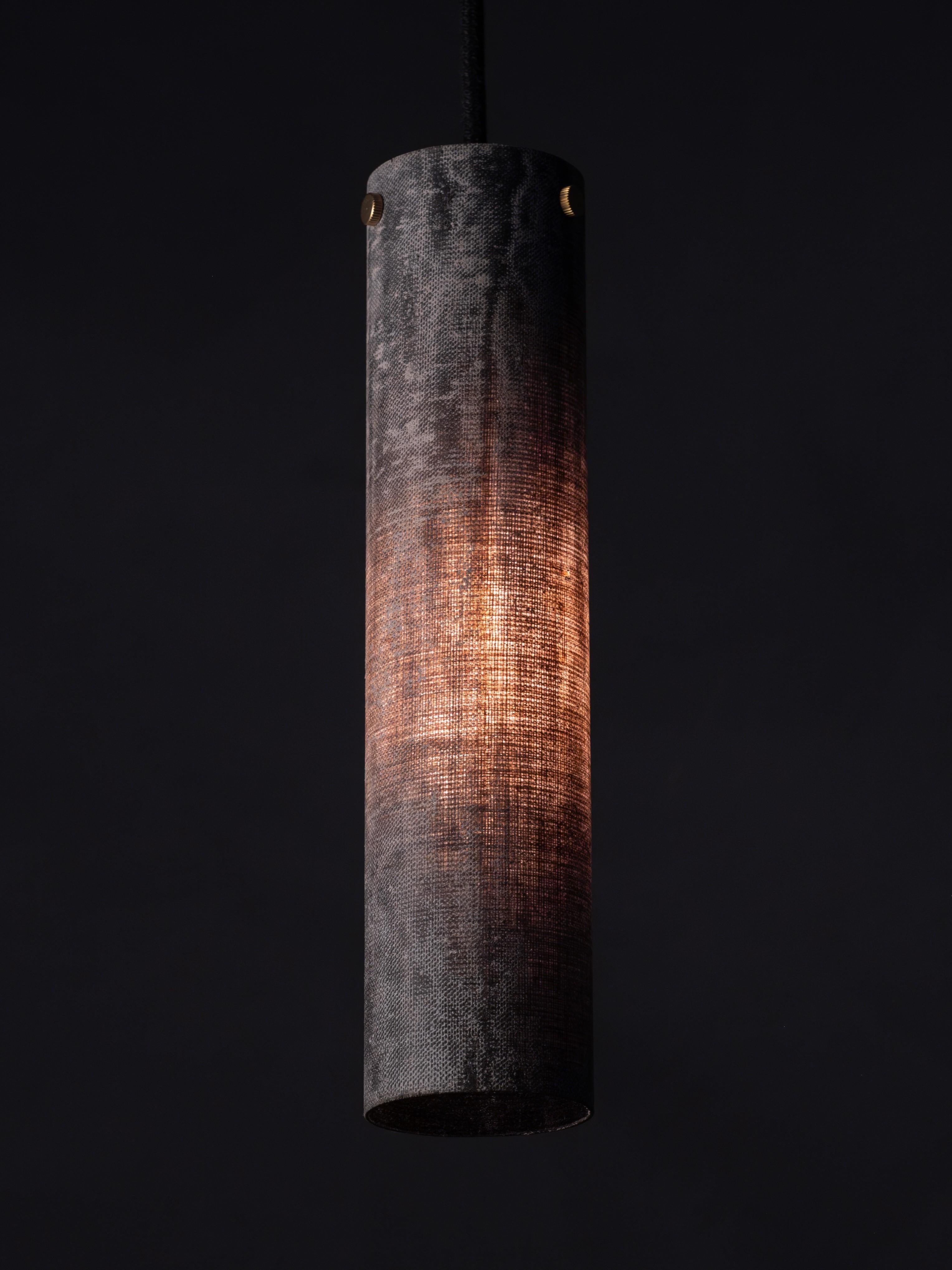 Hand-Crafted Modern Handmade Sml Pendant Linen Micarta Shade w/ Black Canopy by Mutuus Studio For Sale