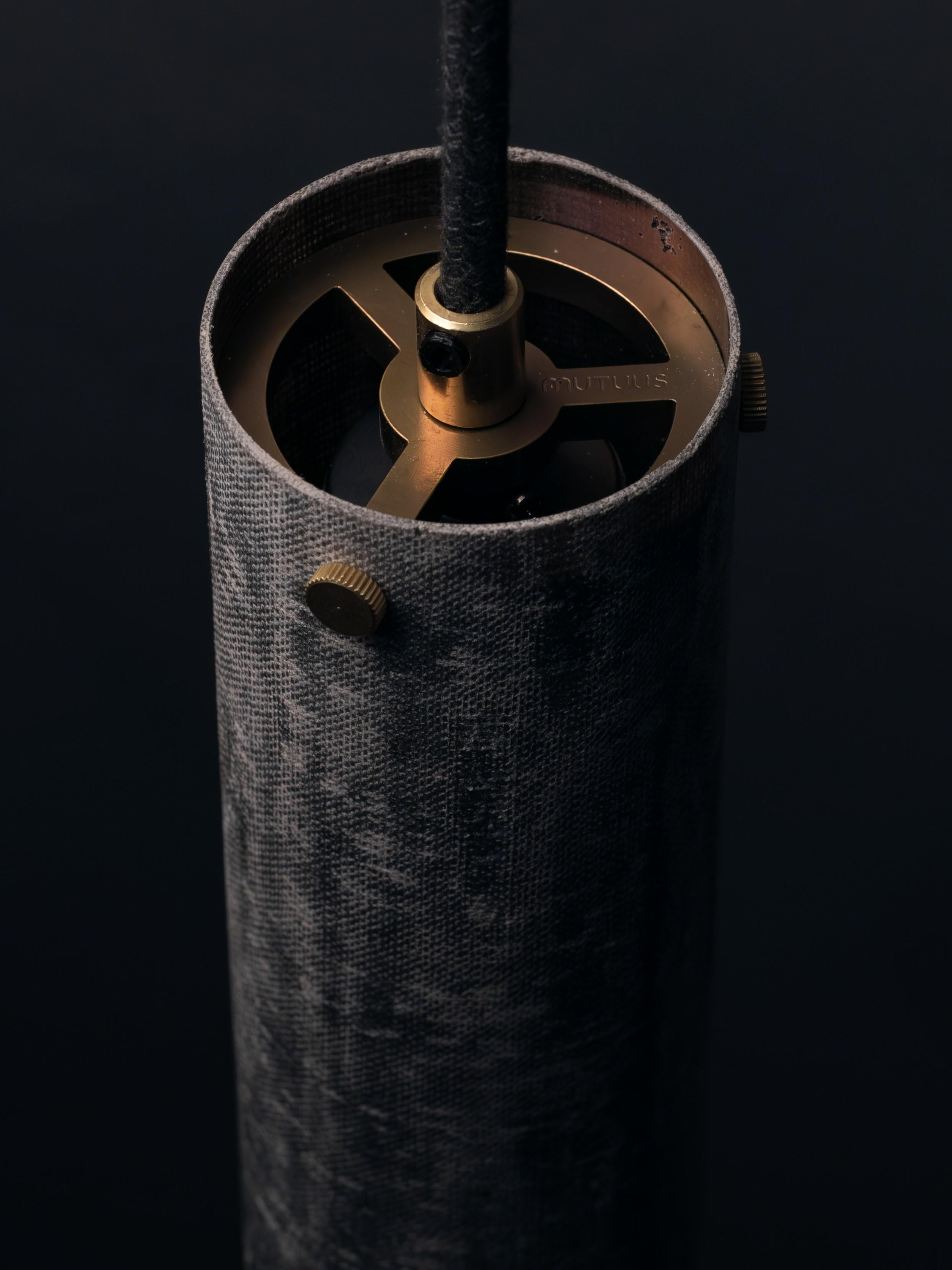Brass Modern Handmade Sml Pendant Linen Micarta Shade w/ Black Canopy by Mutuus Studio For Sale